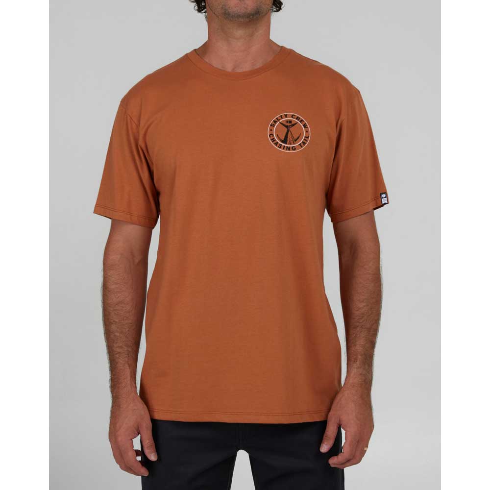 Man wearing a sierra brown Salty Crew Tailgate Men's Premium T-Shirt