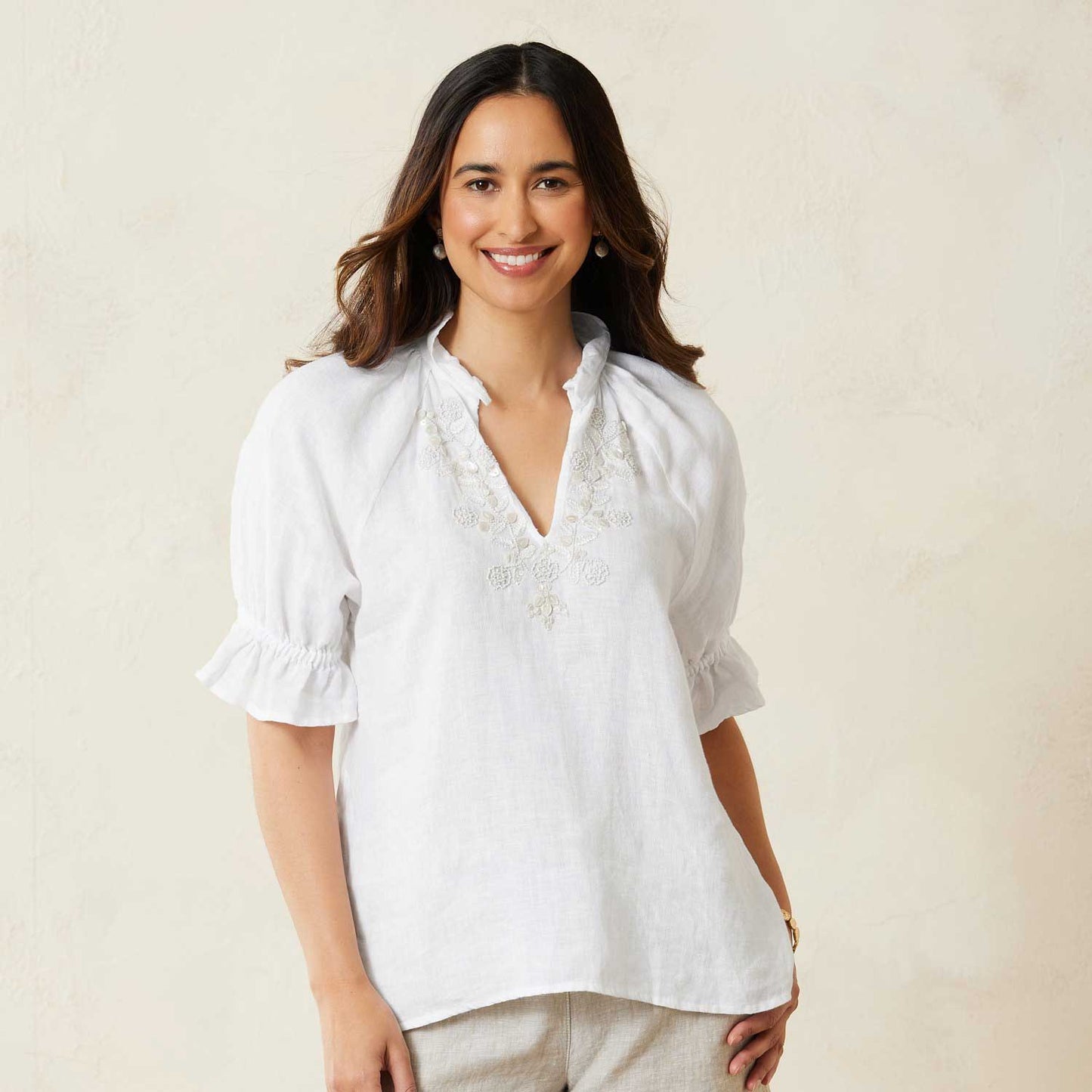 Tommy Bahama Coastalina Shell Embroidered Short-Sleeve Linen Top - White