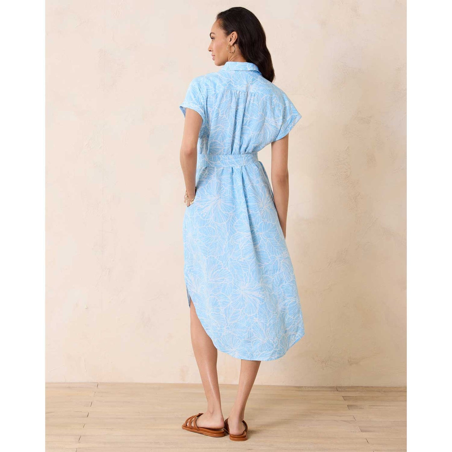 Tommy Bahama Coastalina Hightide Hibiscus Linen Shirt Dress - Glass Bead Blue