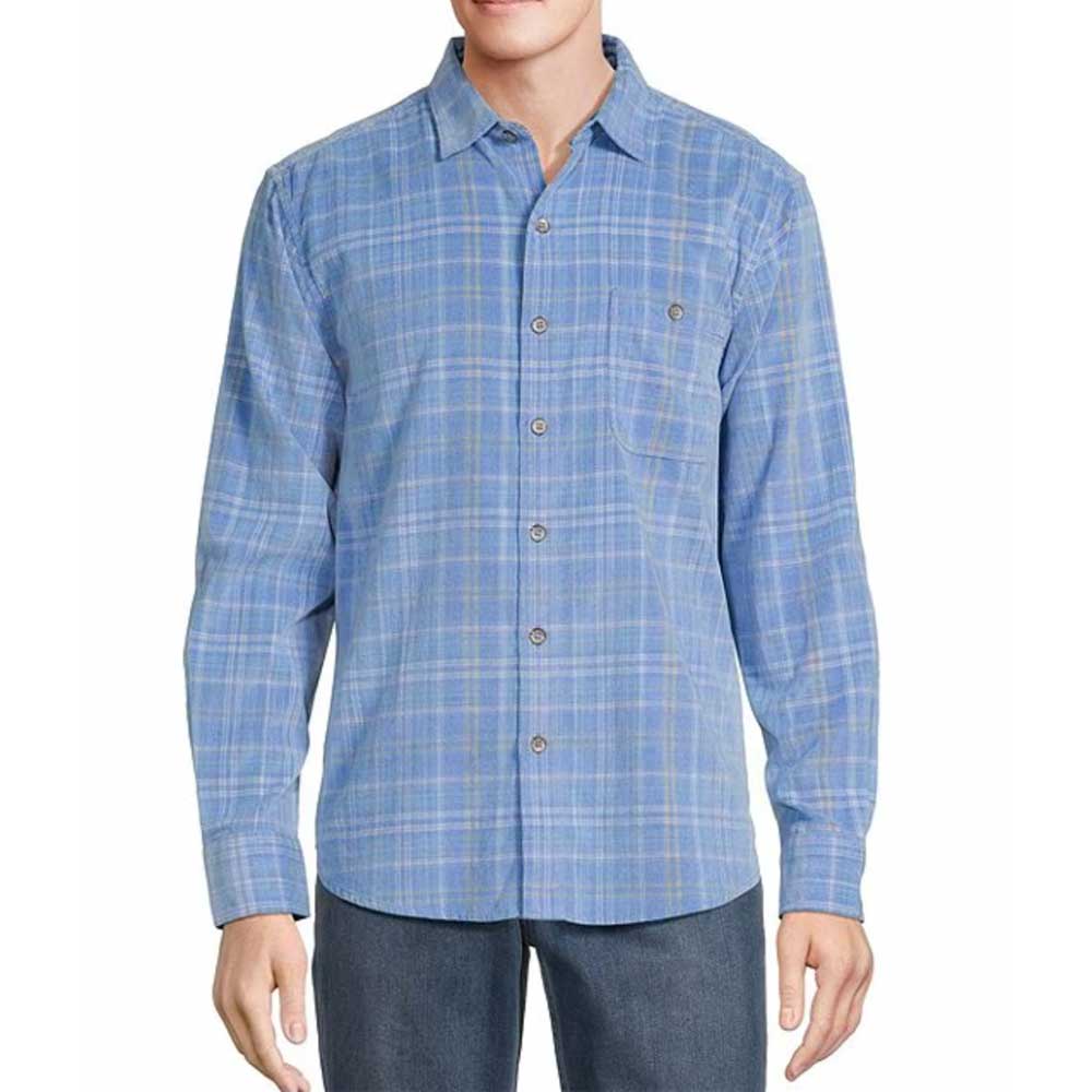 Man wearing a blue Tommy Bahama Coastline Cord Brisa Check Long Sleeve Shirt