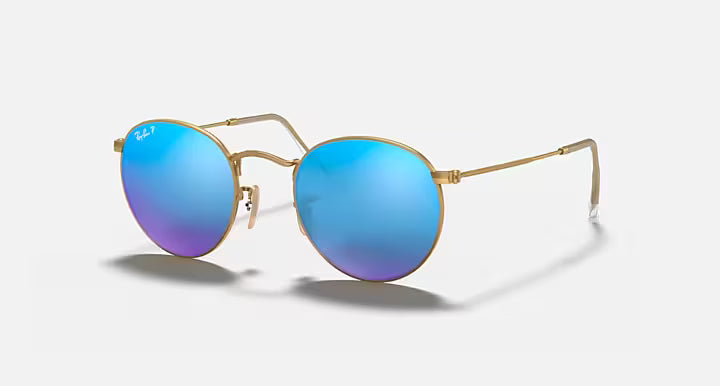 Ray-Bans Round Flash Lenses rb3447- Matte Gold / Blue Polarized Mirror