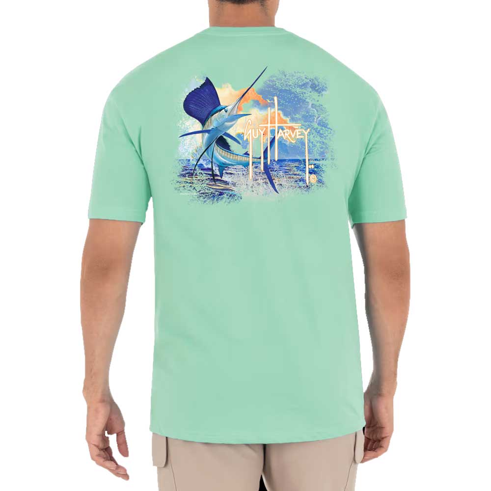 Guy Harvey Sunset Sailfish Short-Sleeve T-Shirt For Men - Beach Glass