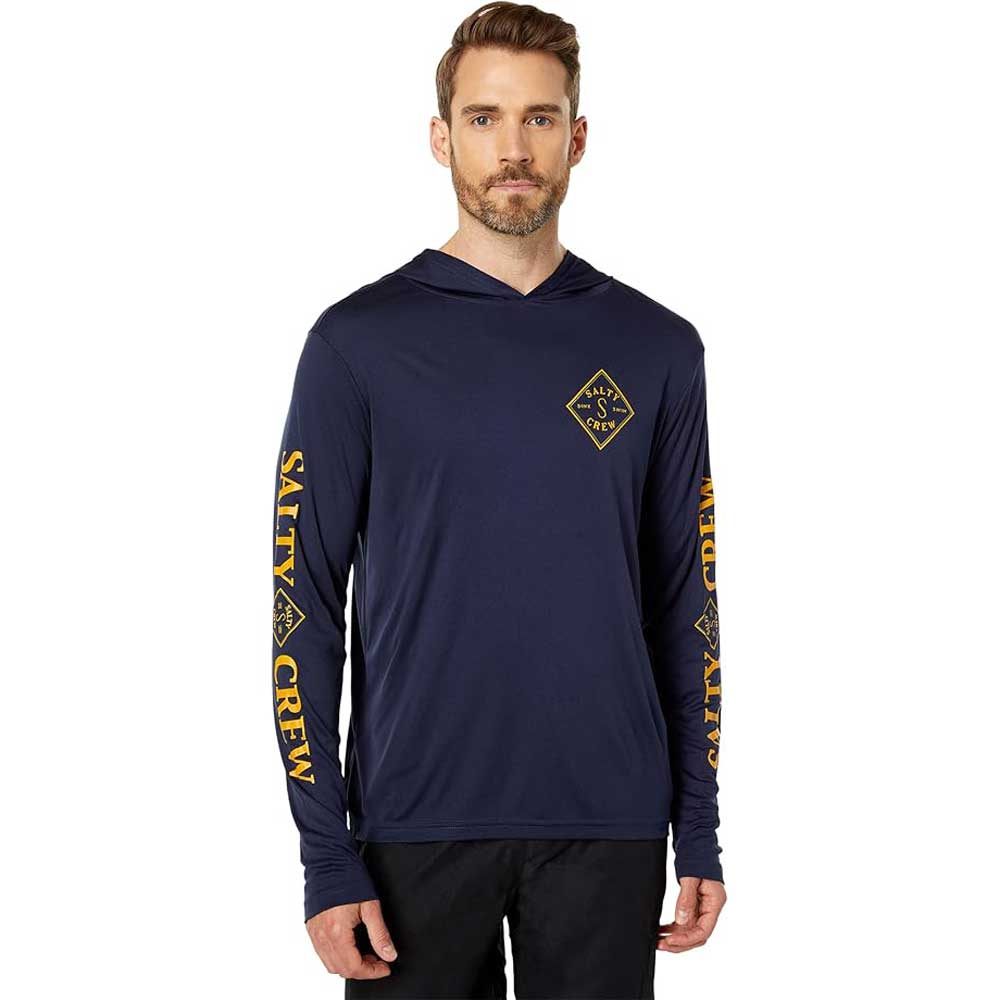 Man wearing a navy color Salty Crew Men's Tippet Hooded Sun shirt  with yellow graphics