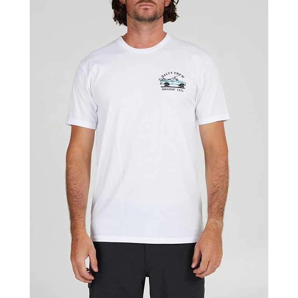 Man wearing a Salty Crew Off Road Premium Short Sleeve T-Shirt  in white.