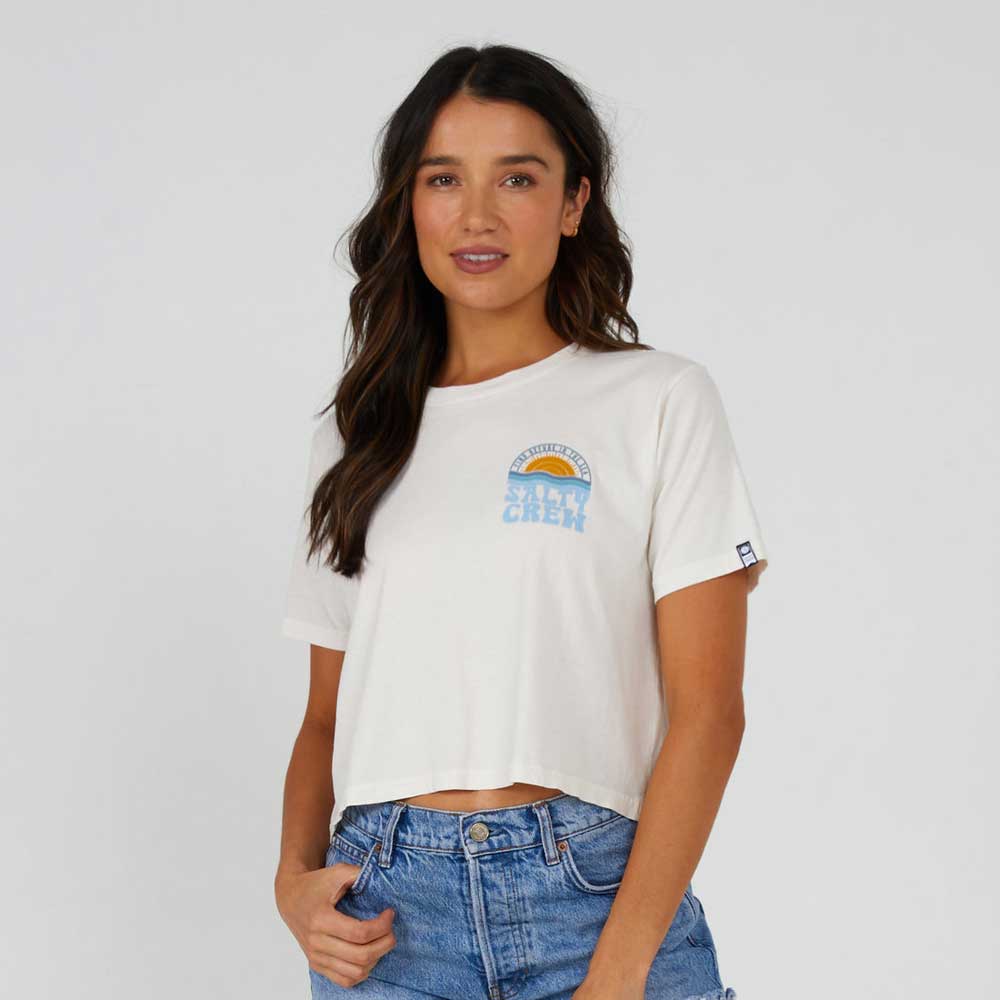 Girl wearing a Salty Crew Sundown Women's Short Sleeve Crop T-Shirt.