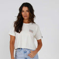 Girl wearing a Salty Crew Summertime Women's Short Sleeve Crop T-Shirt in White