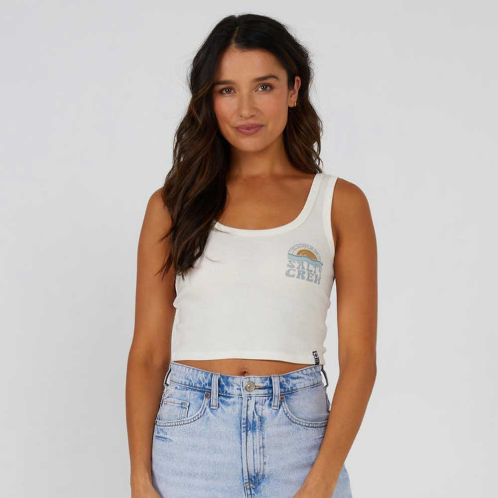 Woman wearing a Salty Crew Sundown Women's Cropped Tank Top in off-white.