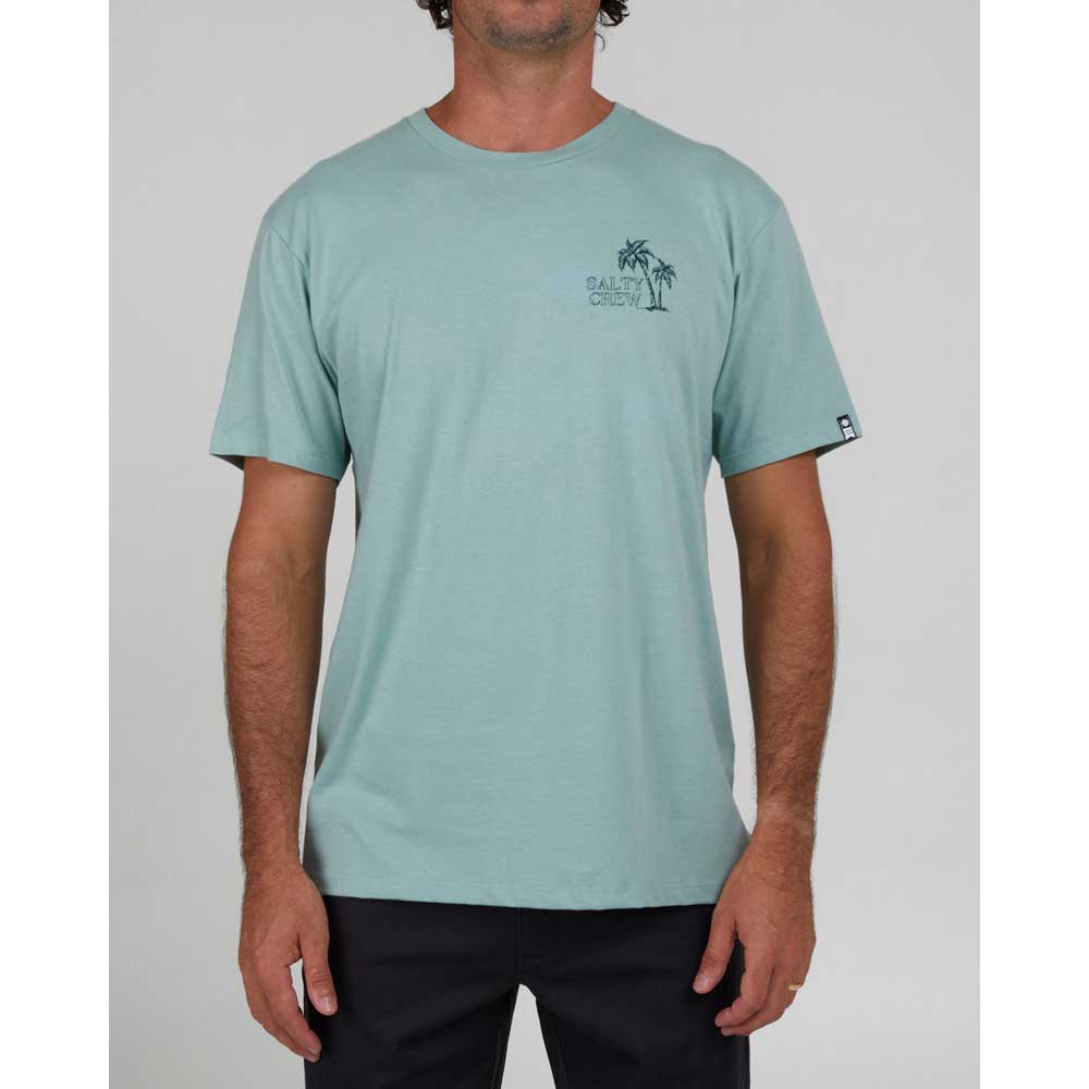 Man wearing a Salty Crew Unwind Premium T-Shirt w/ Palm Tree Design in mackerel green.