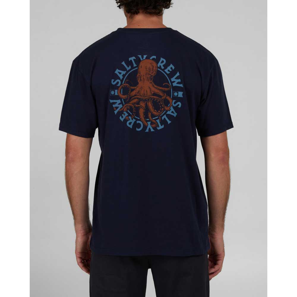Man wearing a Salty Crew Tentacles Premium Men's Short Sleeve T-Shirt - Navy