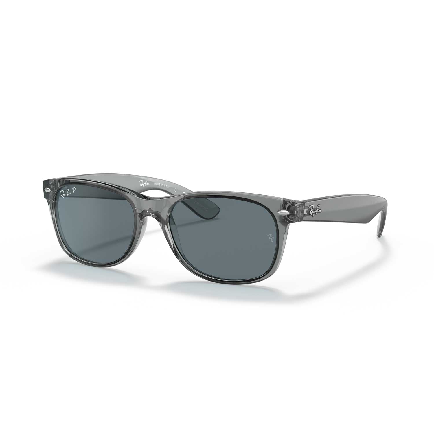 Ray-Ban New Wayfarer Classic Polarized Sunglasses - Transparent Grey Frame - Blue Lenses - BeachToBlvd