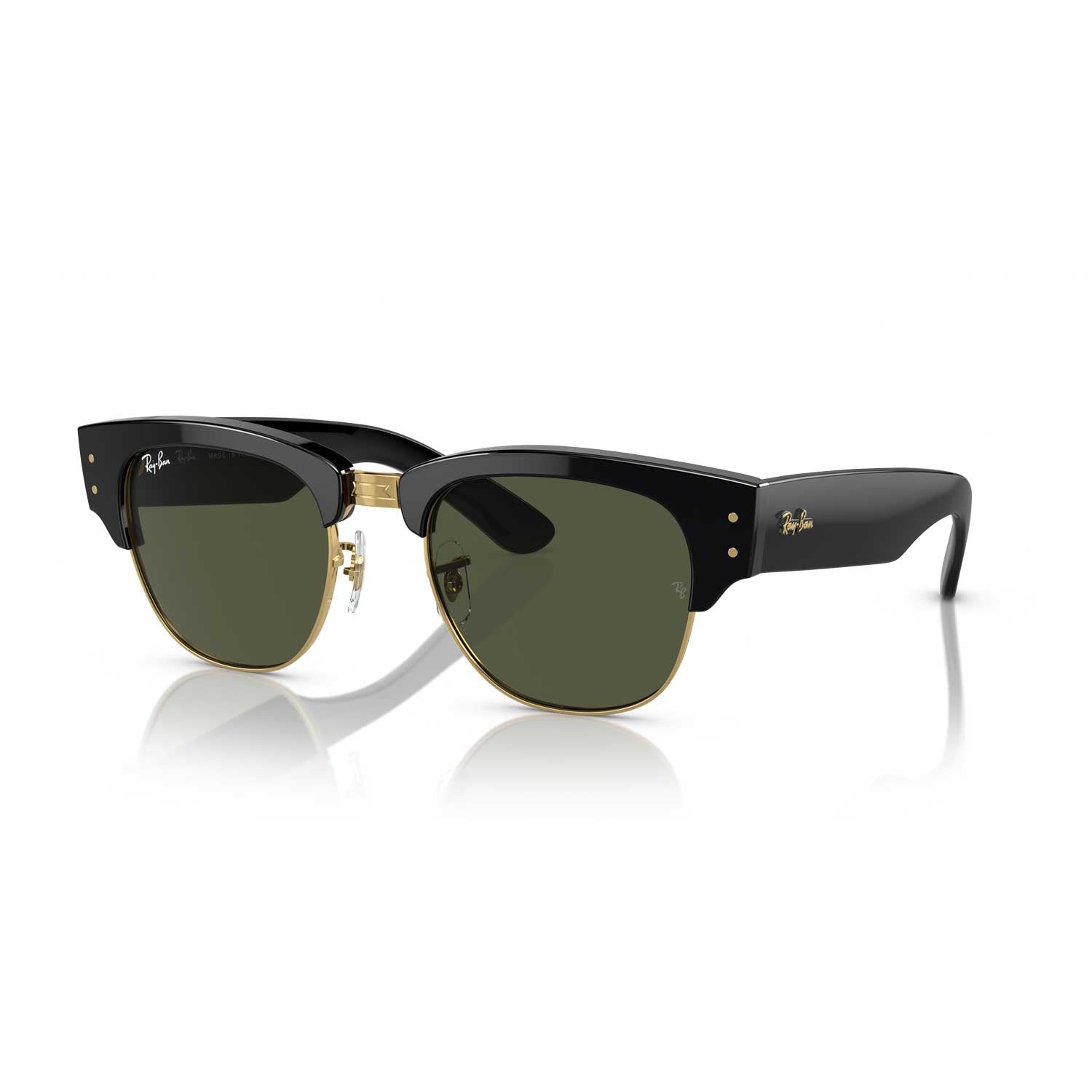 Ray-Ban Mega Clubmaster Sunglasses - Polished Black On Gold Frame - Green Lenses - BeachToBlvd