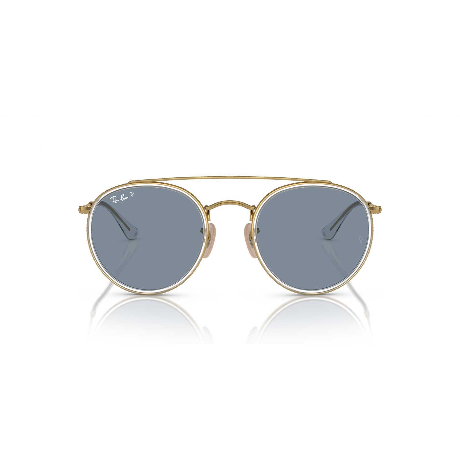 Ray-Ban Round Double Bridge Polarized Sunglasses - Polished Gold Frame - Blue Lenses - BeachToBlvd