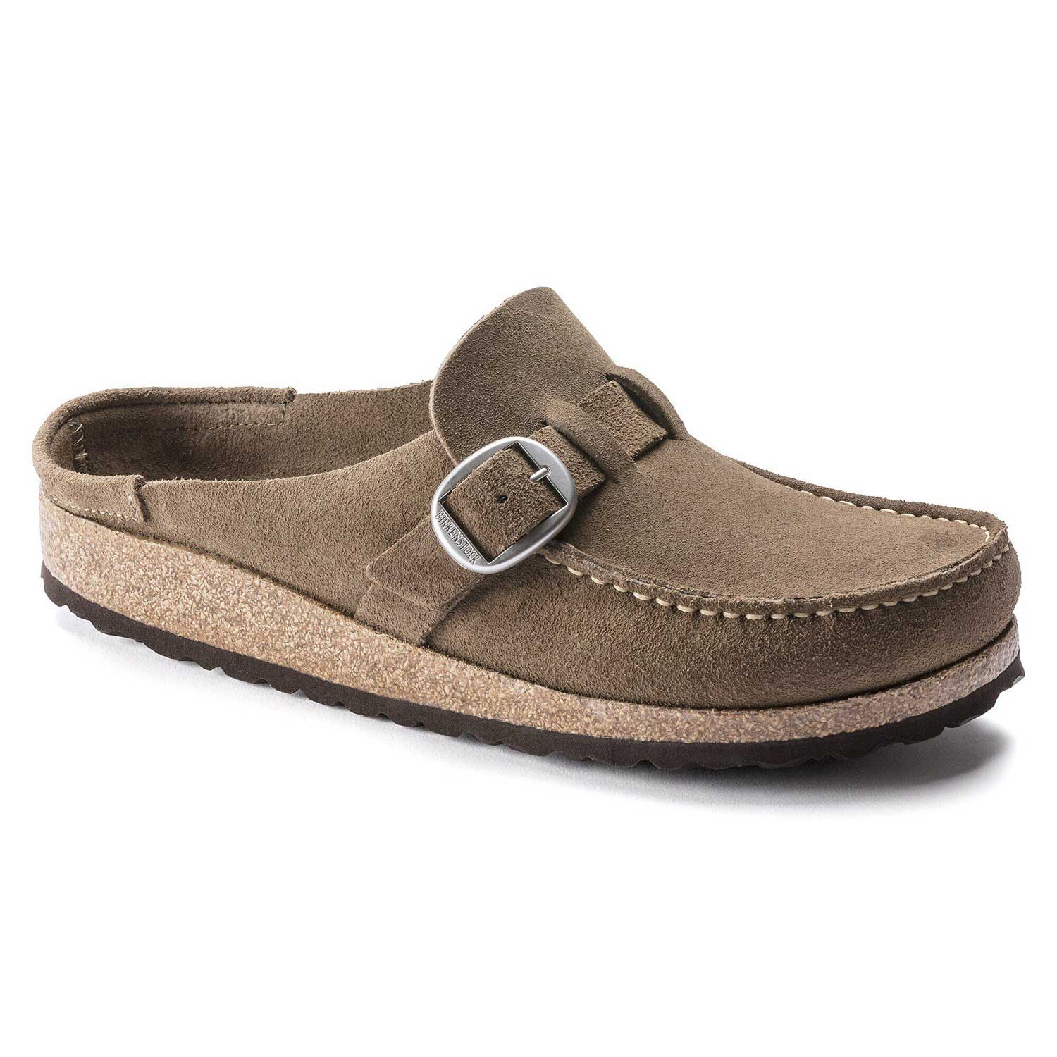 Side view of a Birkenstock Buckley Suede Leather fWoman's Sandal in gray taupe.