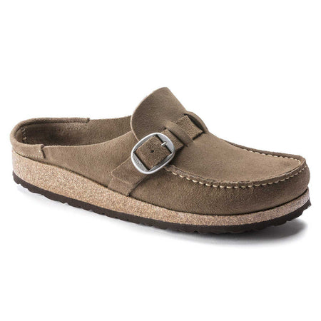 Side view of a Birkenstock Buckley Suede Leather fWoman's Sandal in gray taupe.
