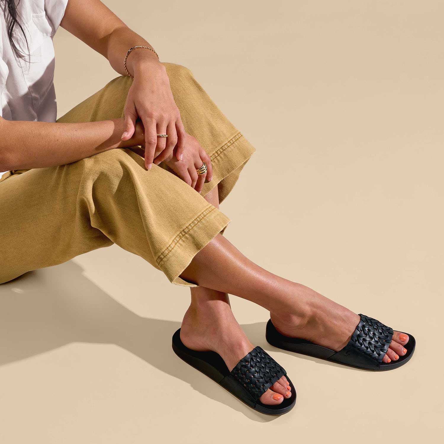 Olukai Kamola Women's Woven Slide Sandals - Black or Tan - BeachToBlvd