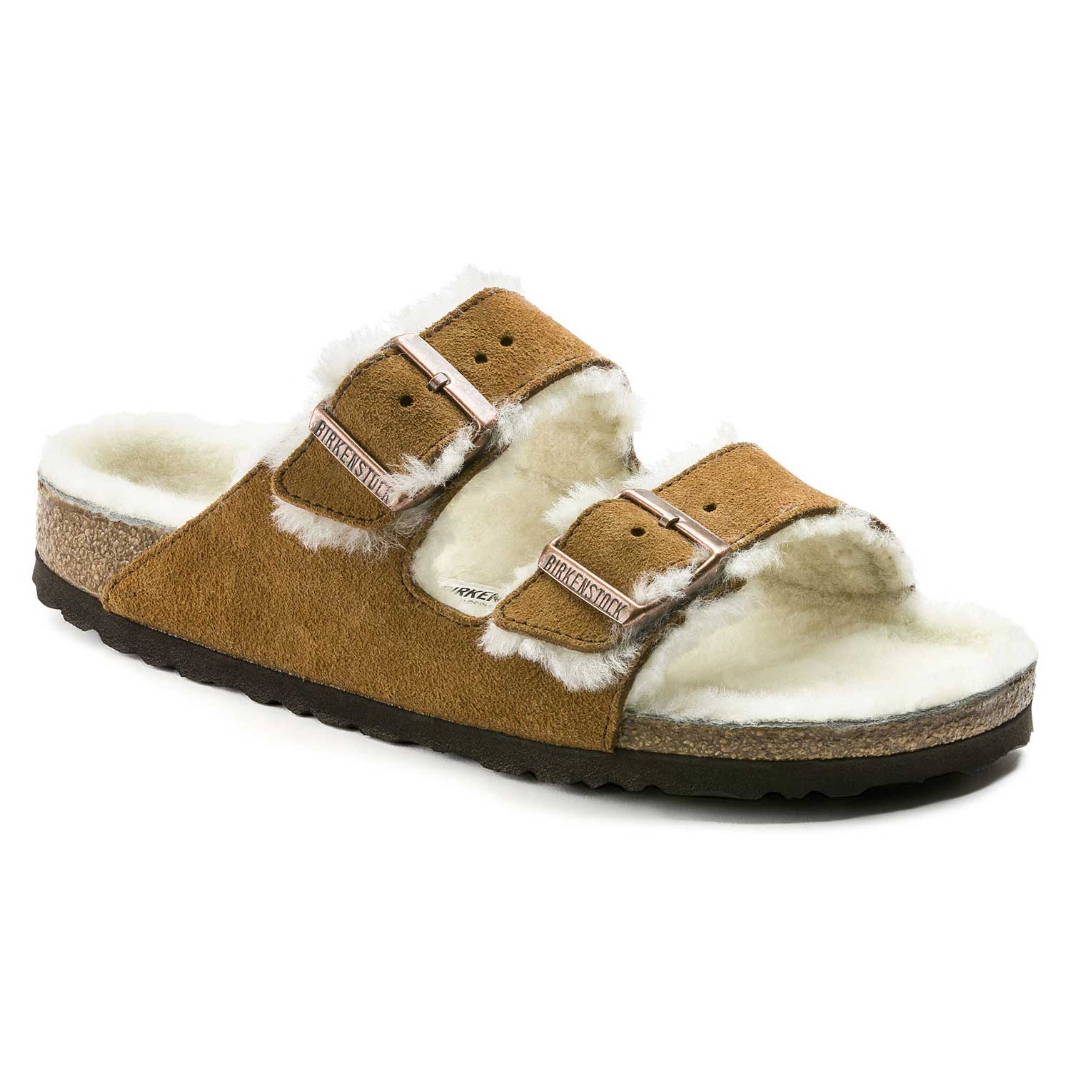Birkenstock Arizona Shearling Fur Mink Suede Leather Sandals - Natural - BeachToBlvd