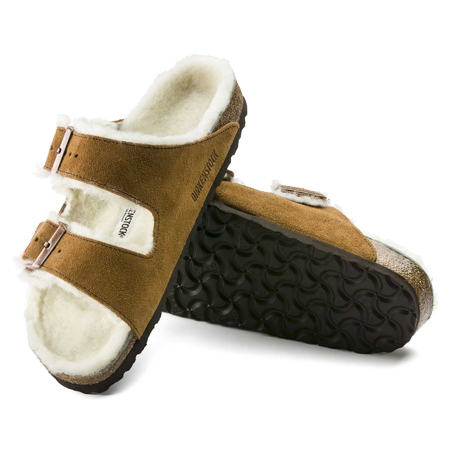 Birkenstock Arizona Shearling Fur Mink Suede Leather Sandals - Natural - BeachToBlvd