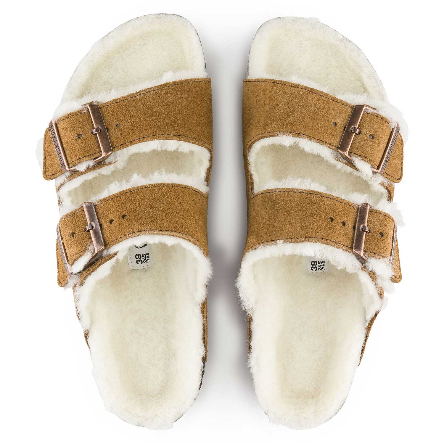 Birkenstock Arizona Shearling Fur Mink Suede Leather Sandals - Natural - BeachToBlvd
