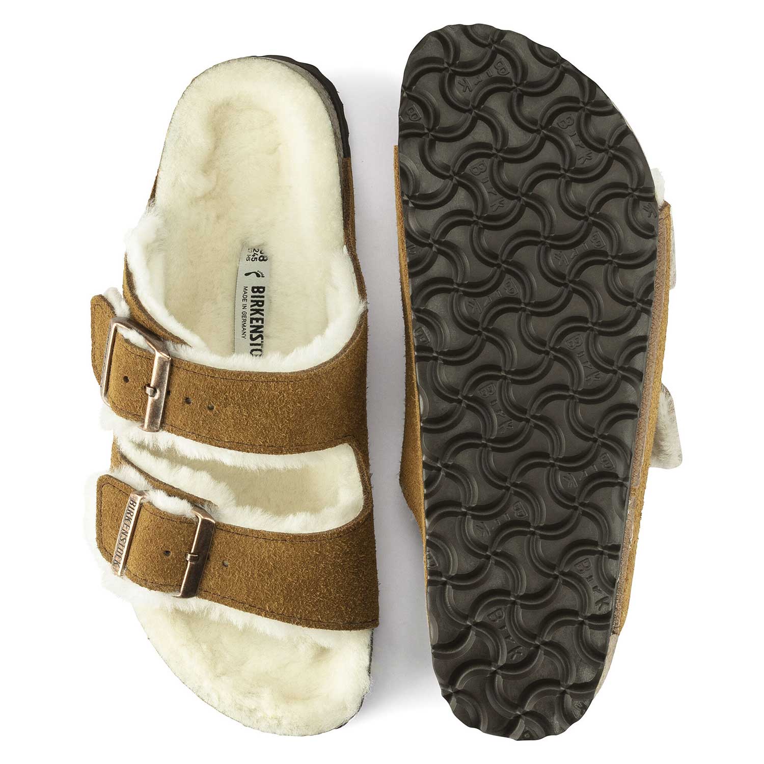 Birkenstock Arizona Shearling Fur Mink Suede Leather Sandals - Natural - BeachToBlvd