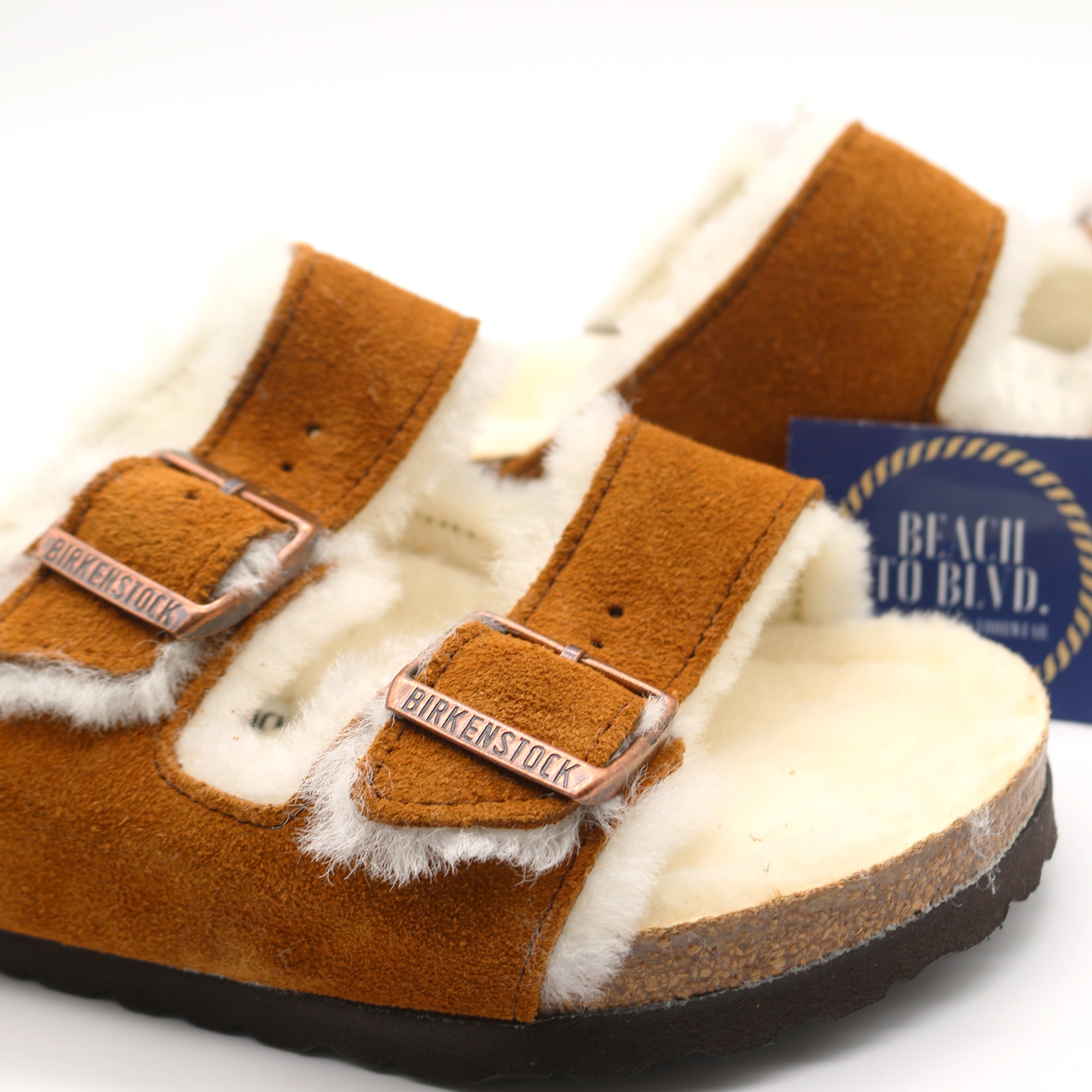 Birkenstock Arizona Shearling Fur Mink Suede Leather Sandals - Natural - BeachToBlvd
