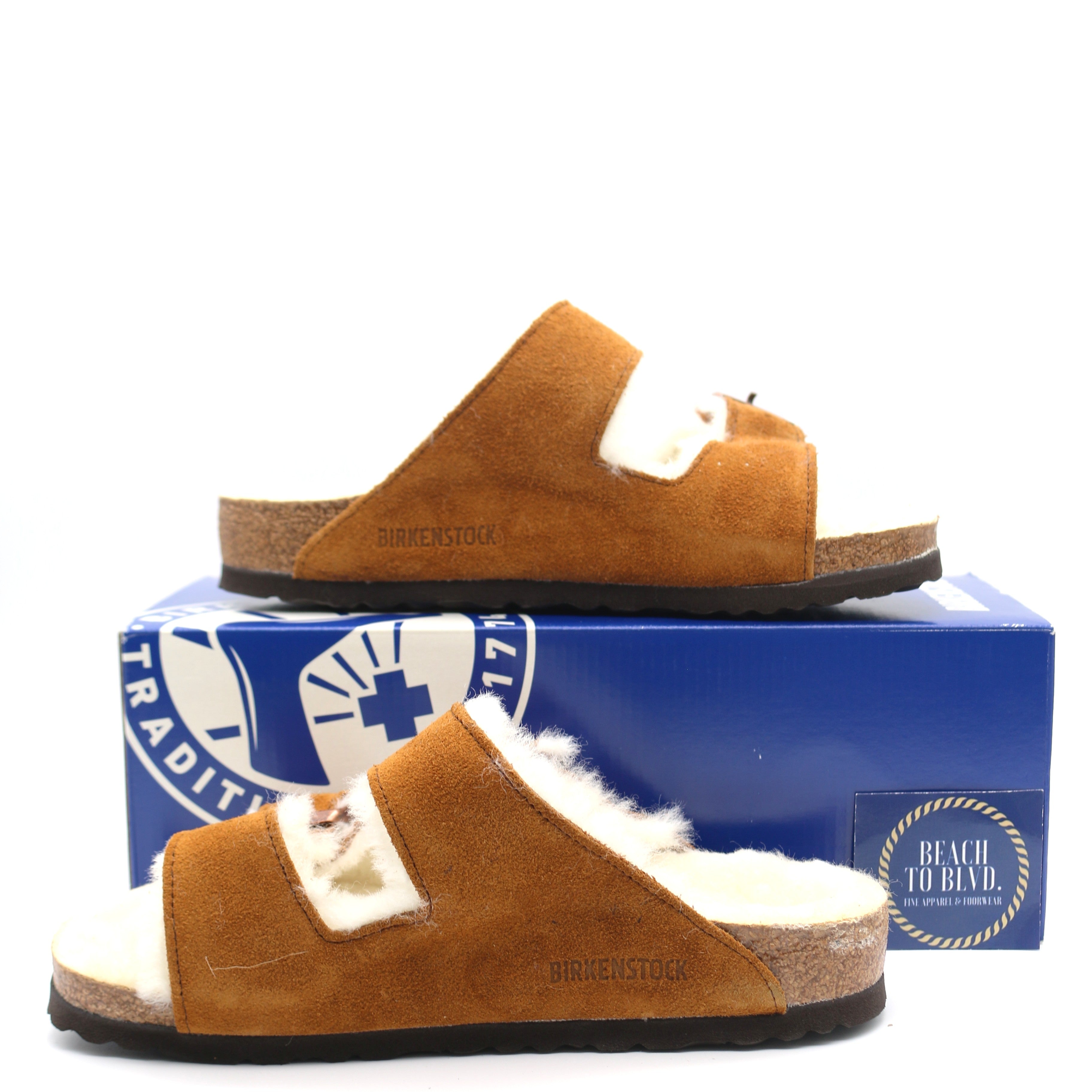 Birkenstock Arizona Shearling Fur Mink Suede Leather Sandals - Natural - BeachToBlvd