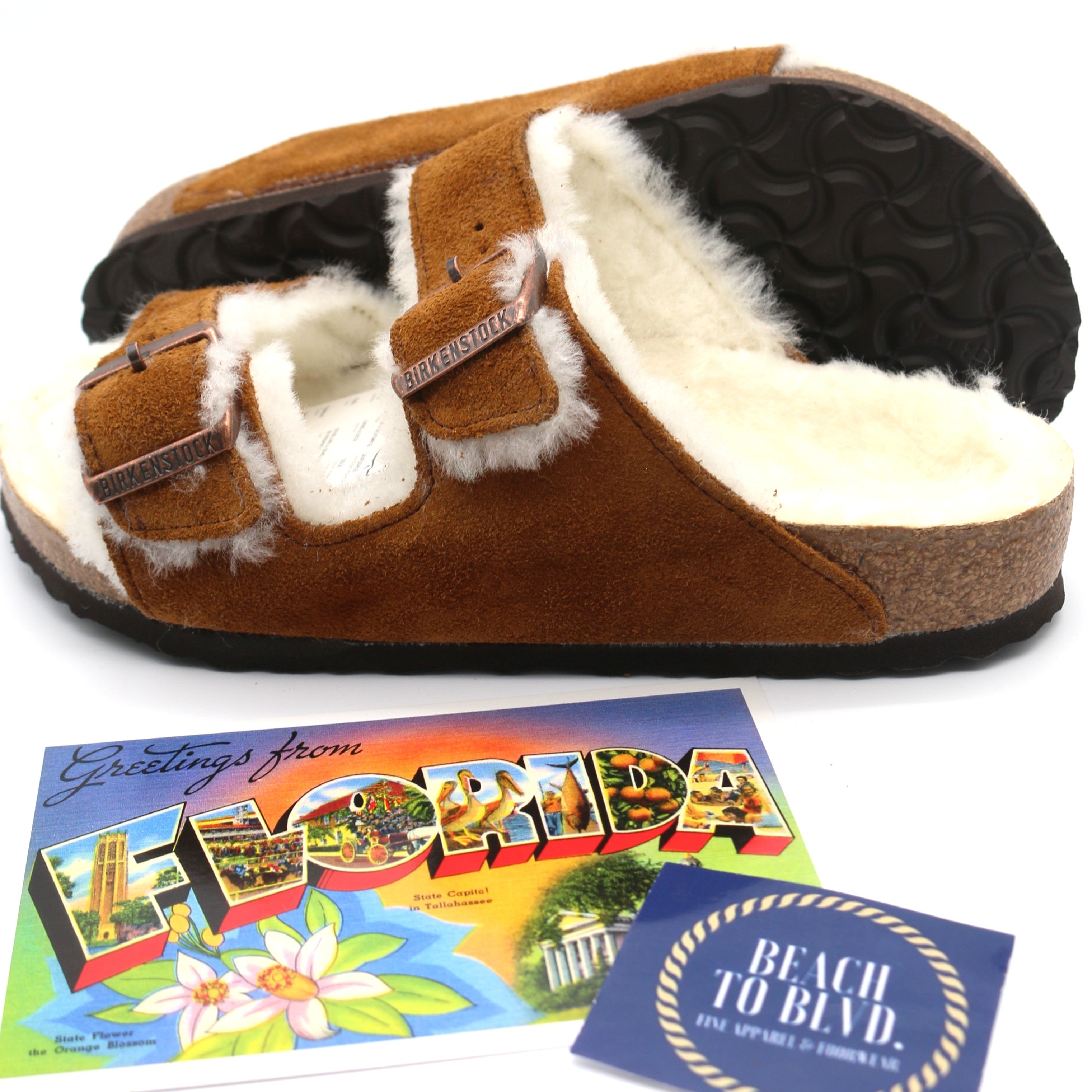 Birkenstock Arizona Shearling Fur Mink Suede Leather Sandals - Natural - BeachToBlvd