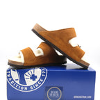 Birkenstock Arizona Shearling Fur Mink Suede Leather Sandals - Natural - BeachToBlvd
