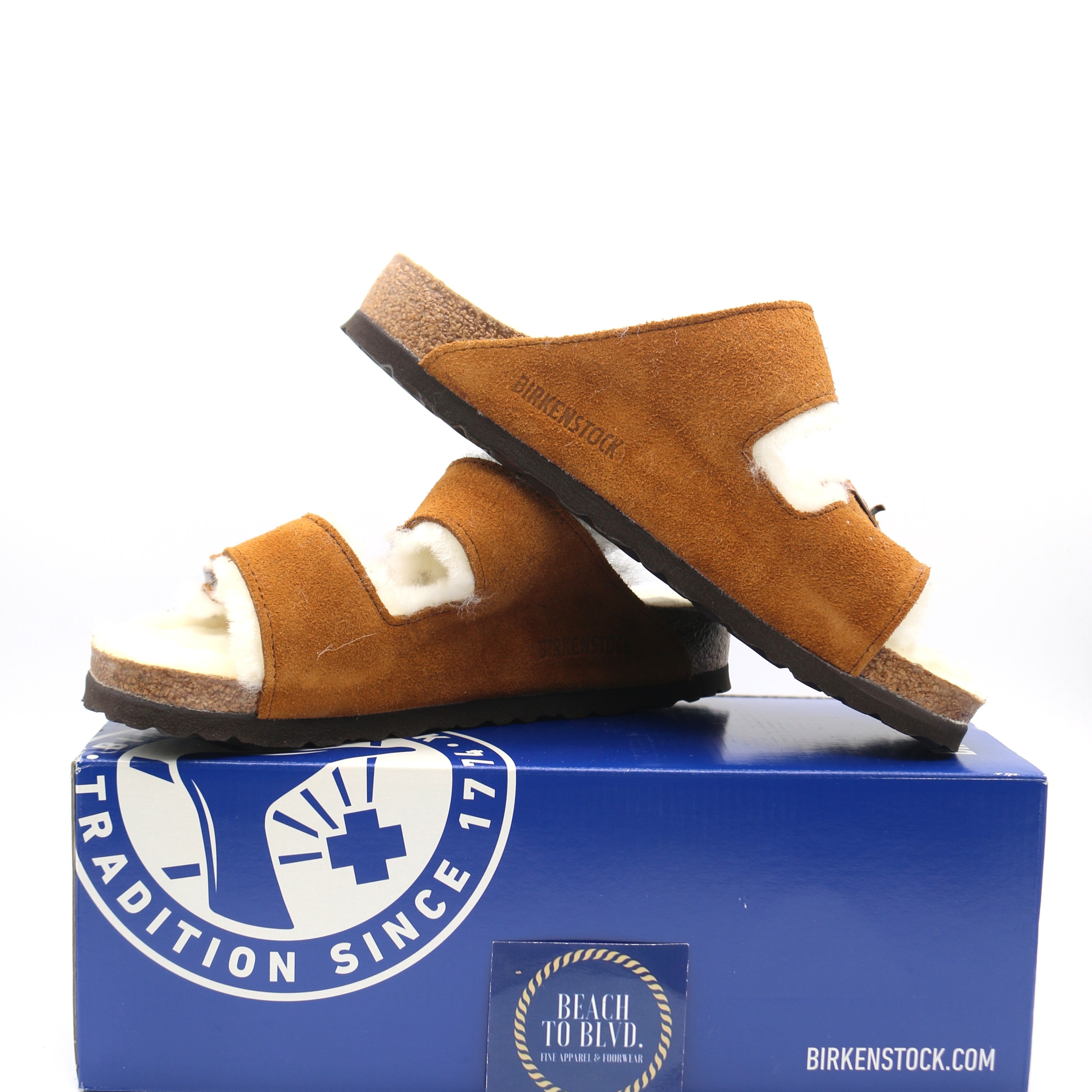 Birkenstock Arizona Shearling Fur Mink Suede Leather Sandals - Natural - BeachToBlvd