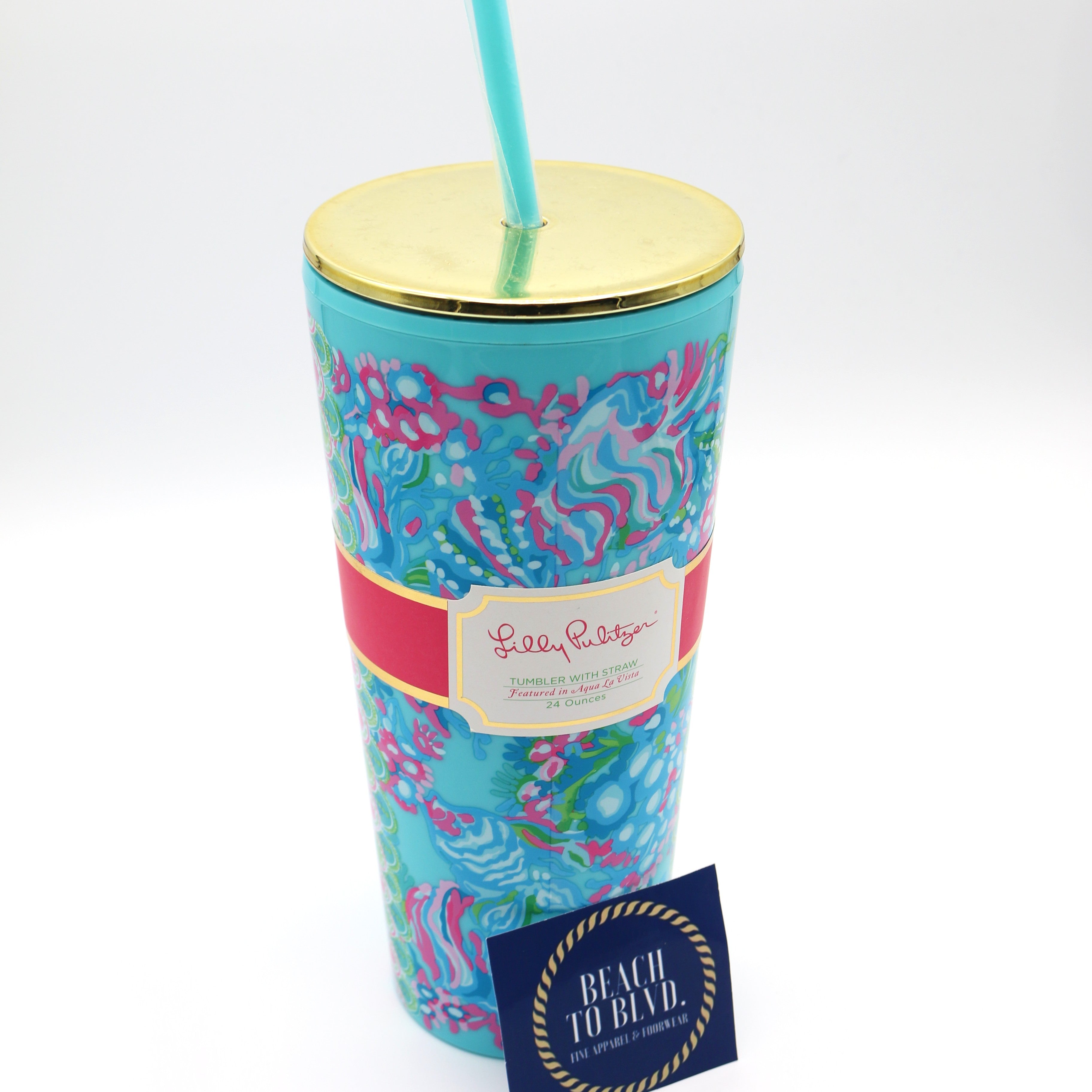 Lilly Pulitzer Tumbler with Straw 24 oz, Aqua La Vista - BeachToBlvd