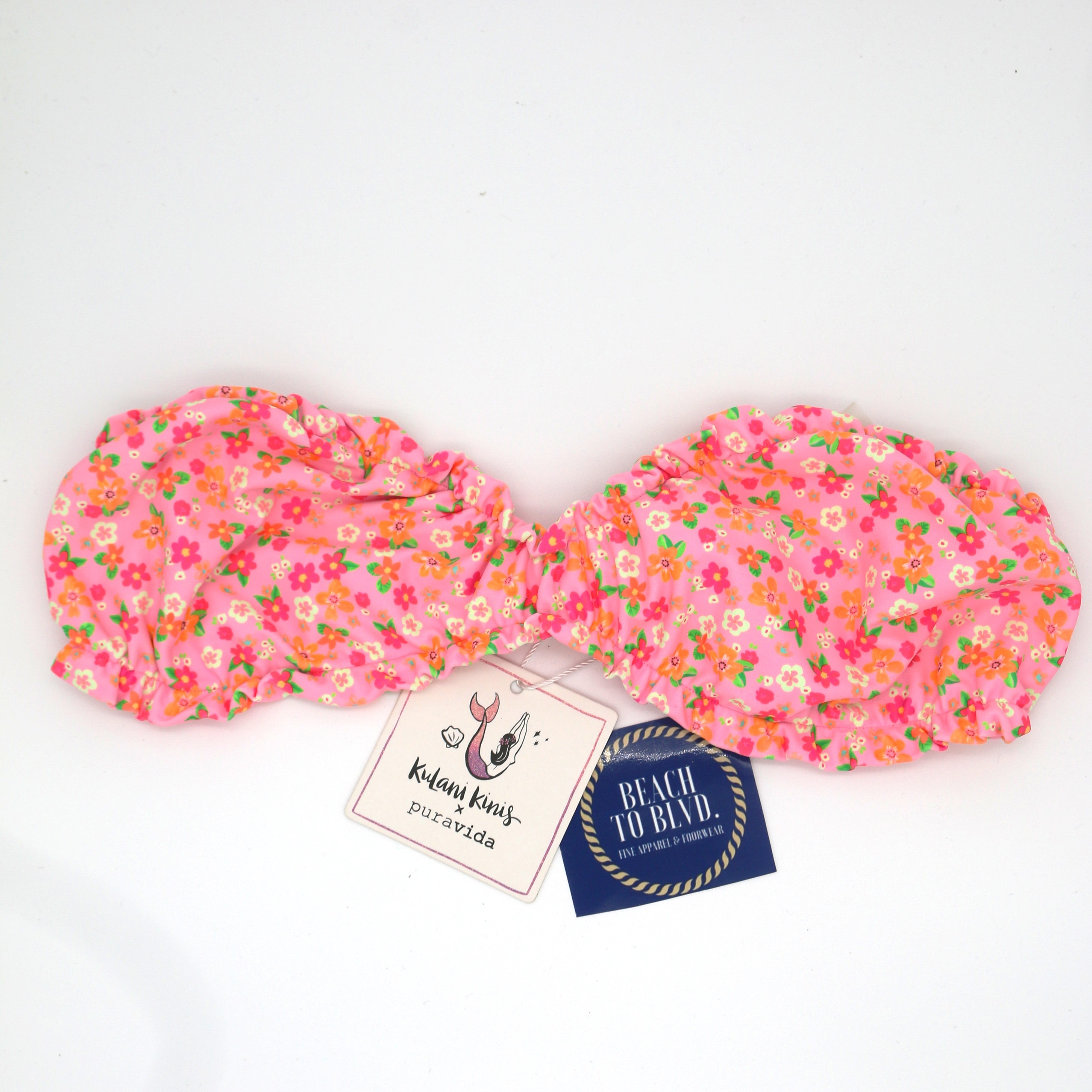 Kulani Kinis Ruched Bandeau Bikini Top- Frangipani Fever - BeachToBlvd