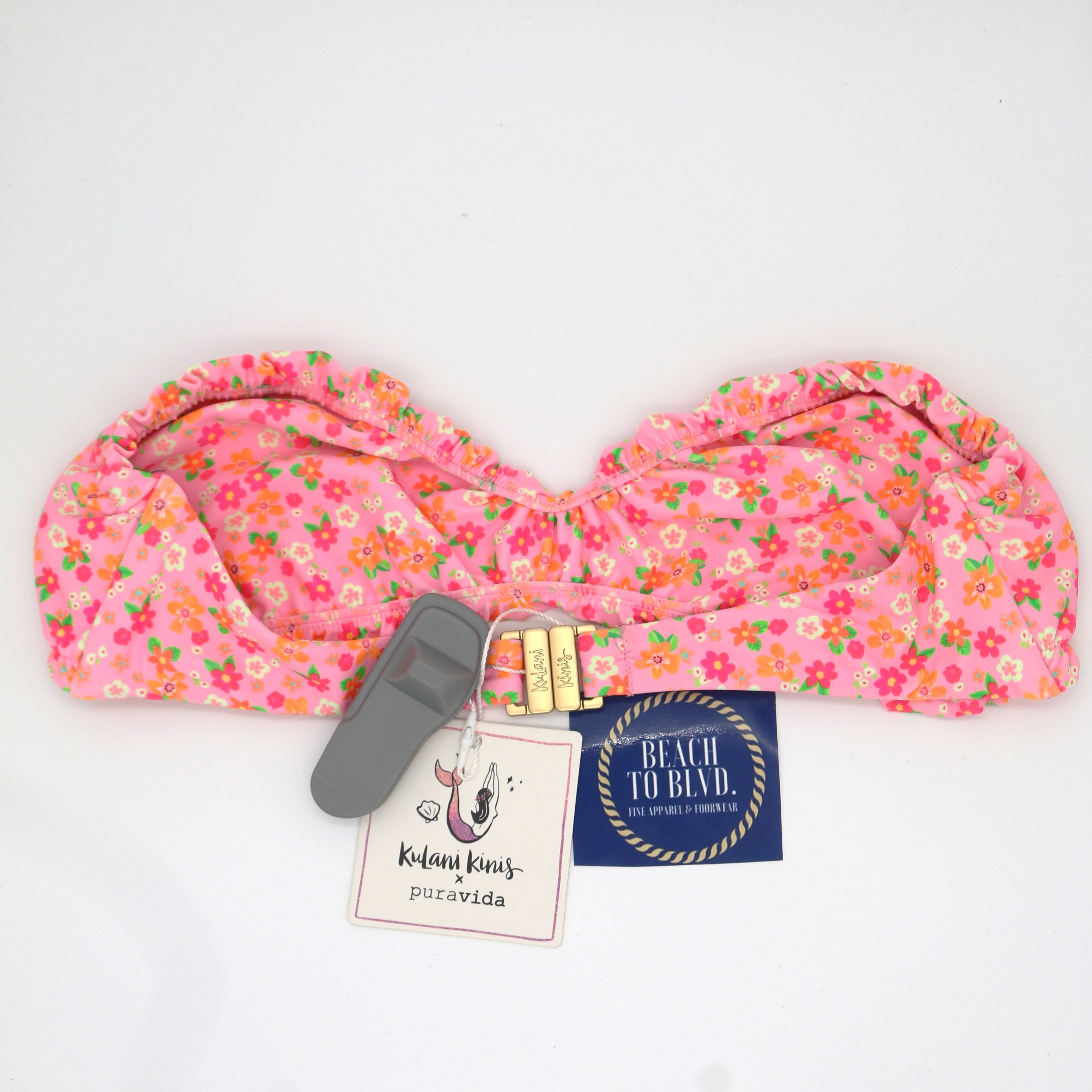 Kulani Kinis Ruched Bandeau Bikini Top- Frangipani Fever - BeachToBlvd
