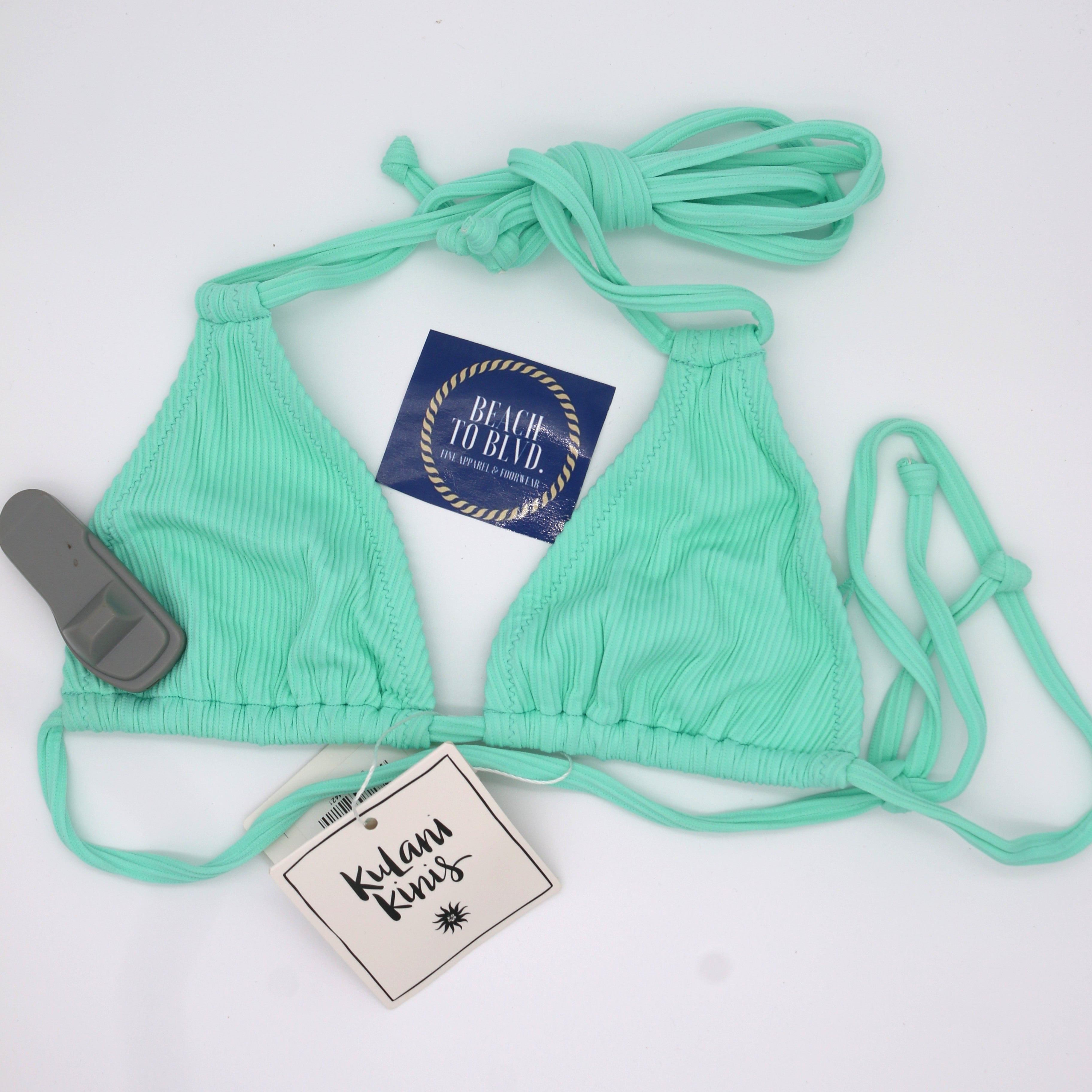 Kulani Kinis Halter Bralette Bikini Top- Turquoise Mint Ribbed - BeachToBlvd