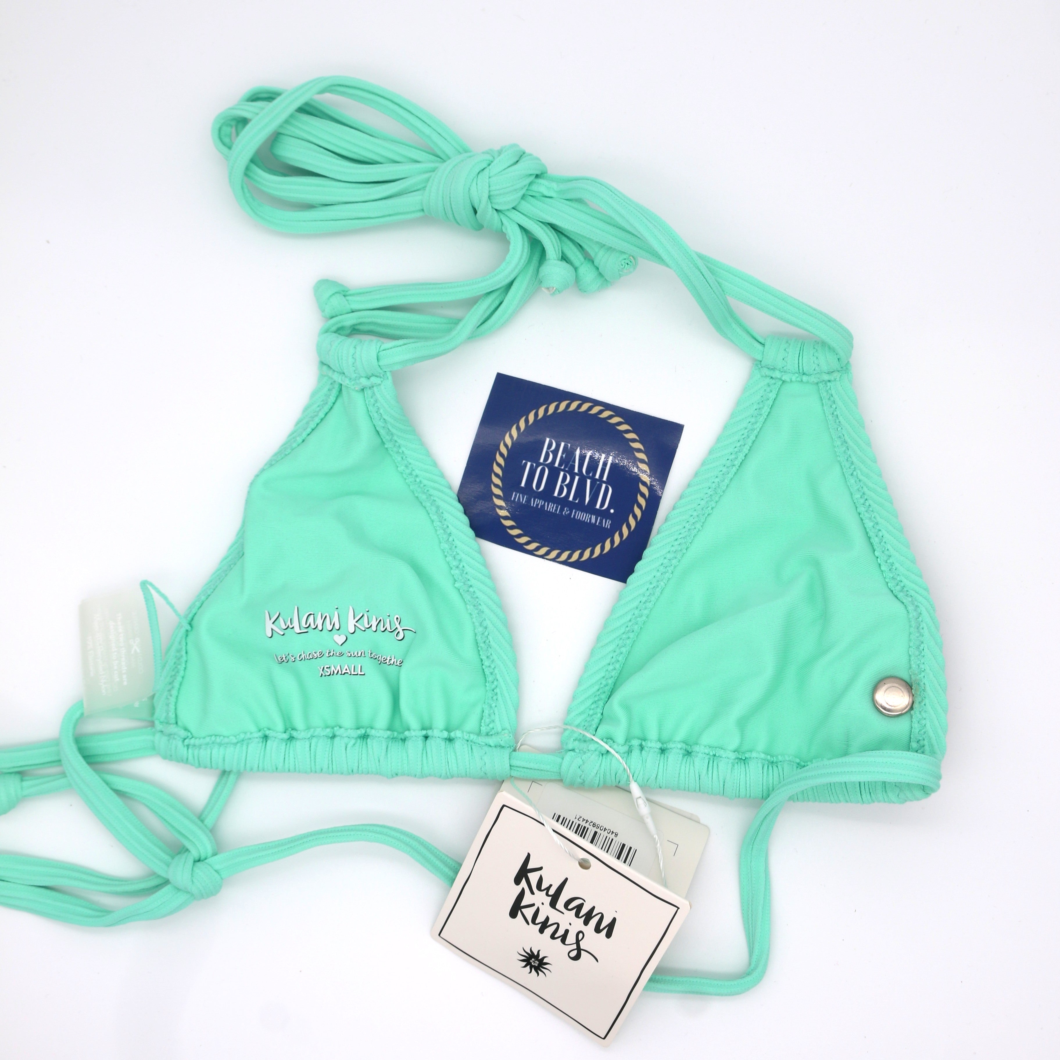 Kulani Kinis Halter Bralette Bikini Top- Turquoise Mint Ribbed - BeachToBlvd