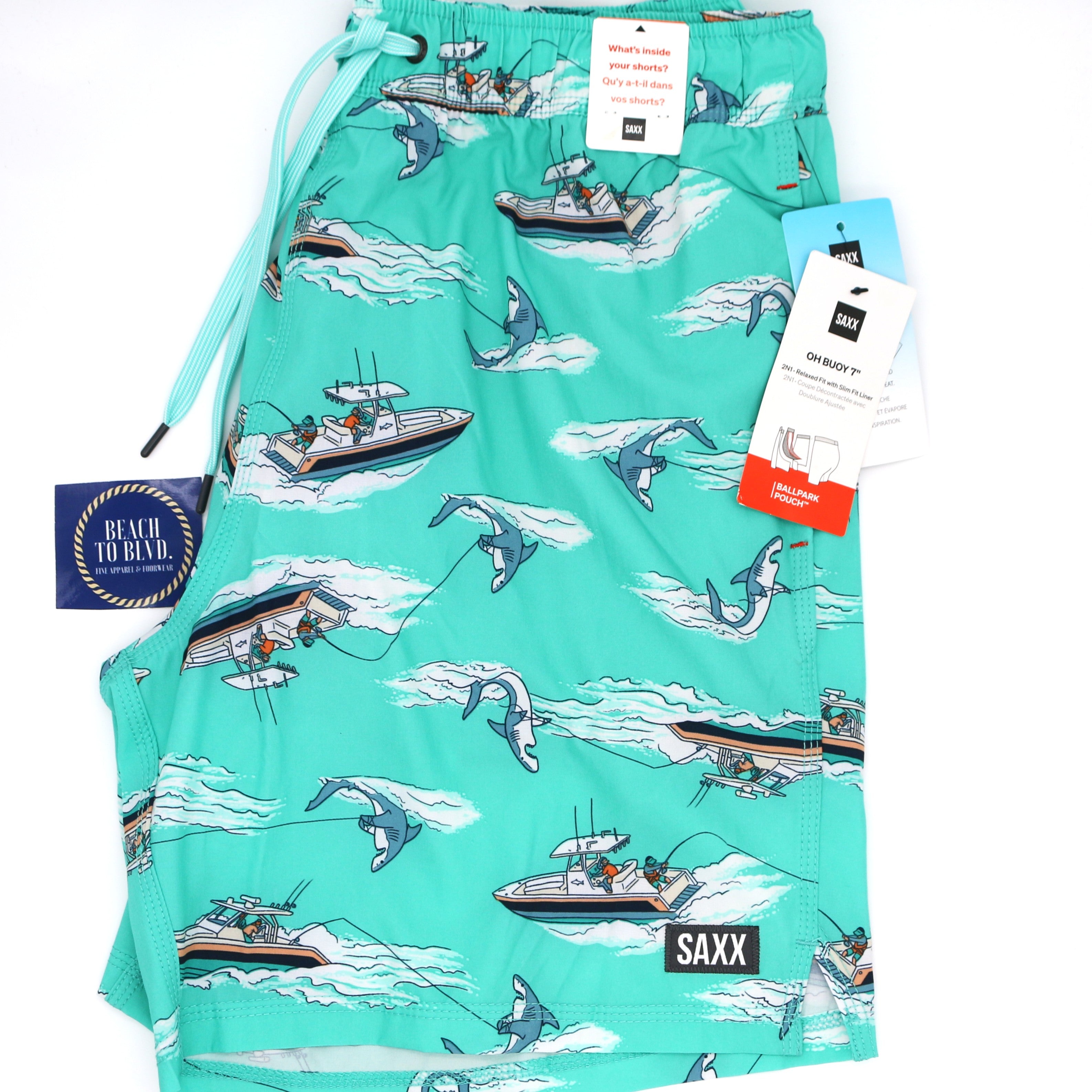SAXX Oh Buoy 2N1 Volley 7inch Teal Shark Fishing Boat Swimwear