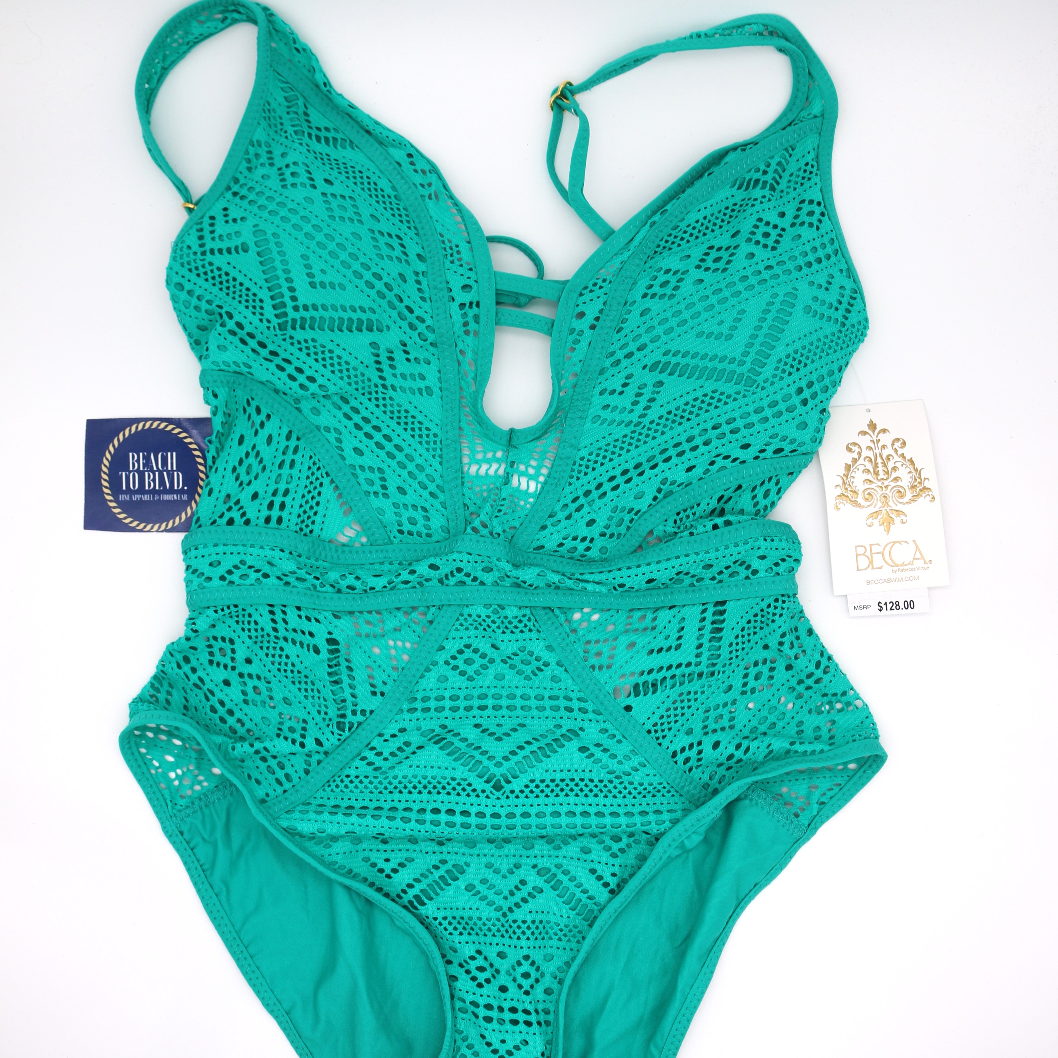 BECCA by Rebecca Crochet Plunge One Piece Swimsuit