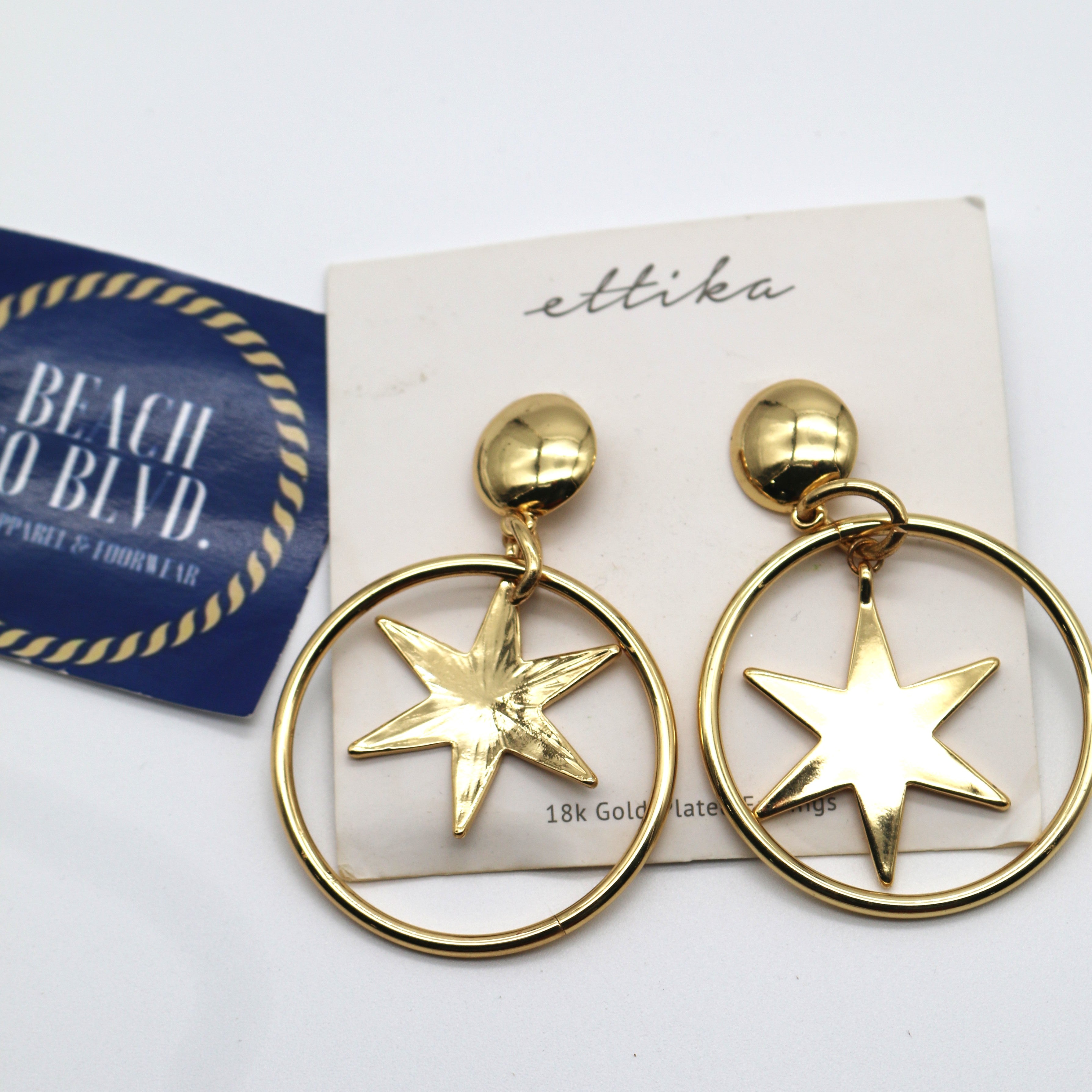 Ettika Star Hoop Dangle Earrings 18KP‎ Statement Dramatic Bold Night Out