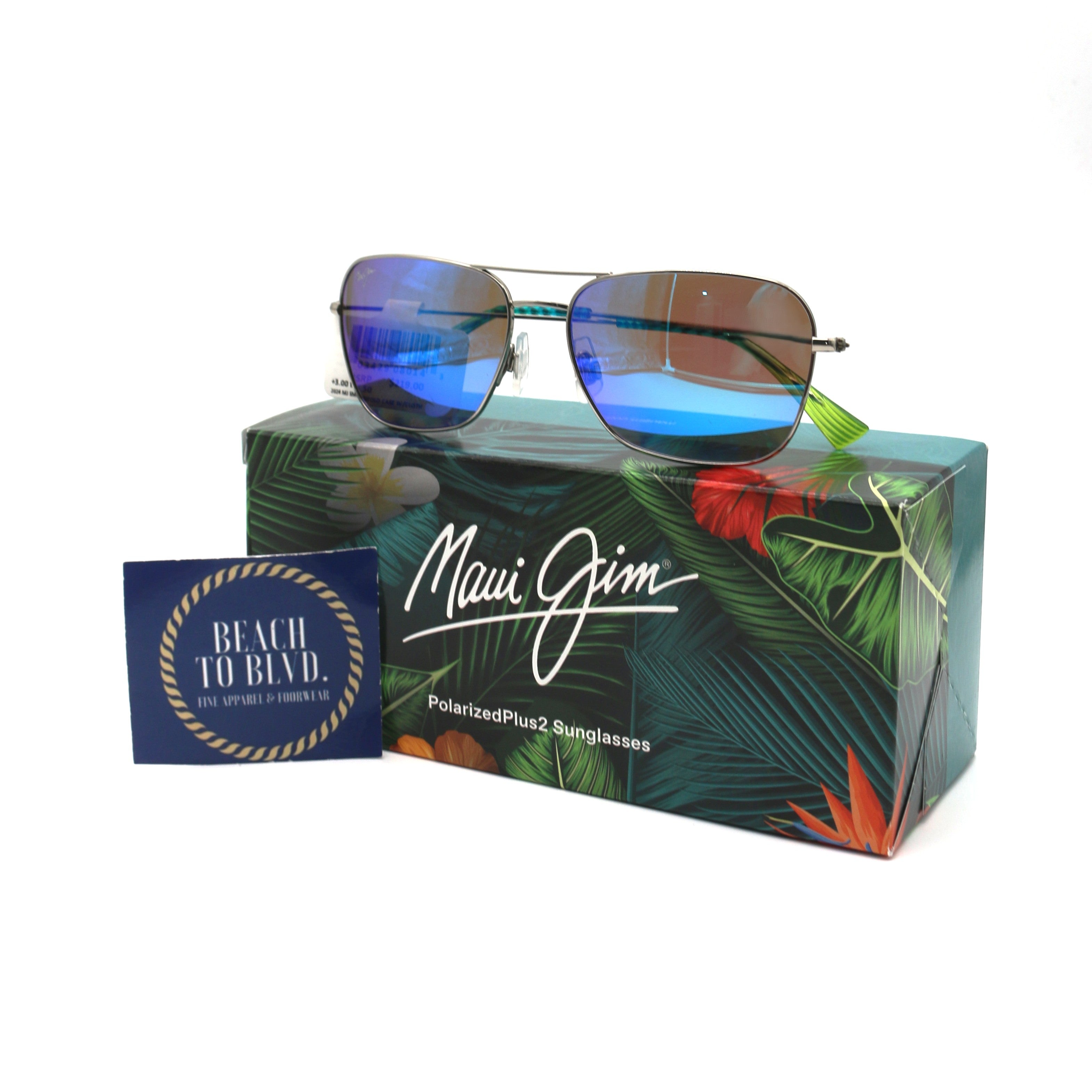 Maui Jim Na'auao Polarized Sunglasses -Shiny Silver with Blue & Green/Blue Hawaii