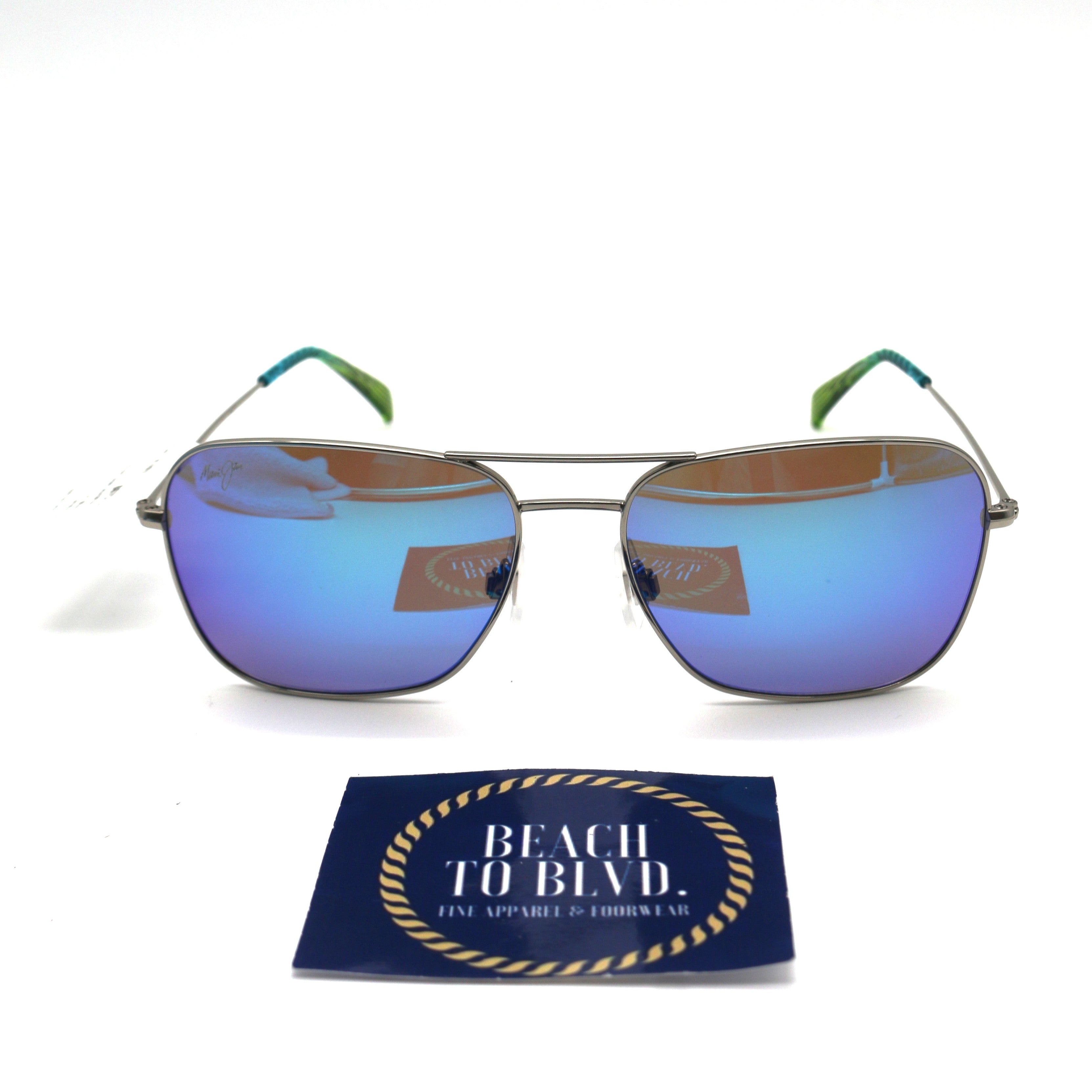 Maui Jim Na'auao Polarized Sunglasses -Shiny Silver with Blue & Green/Blue Hawaii
