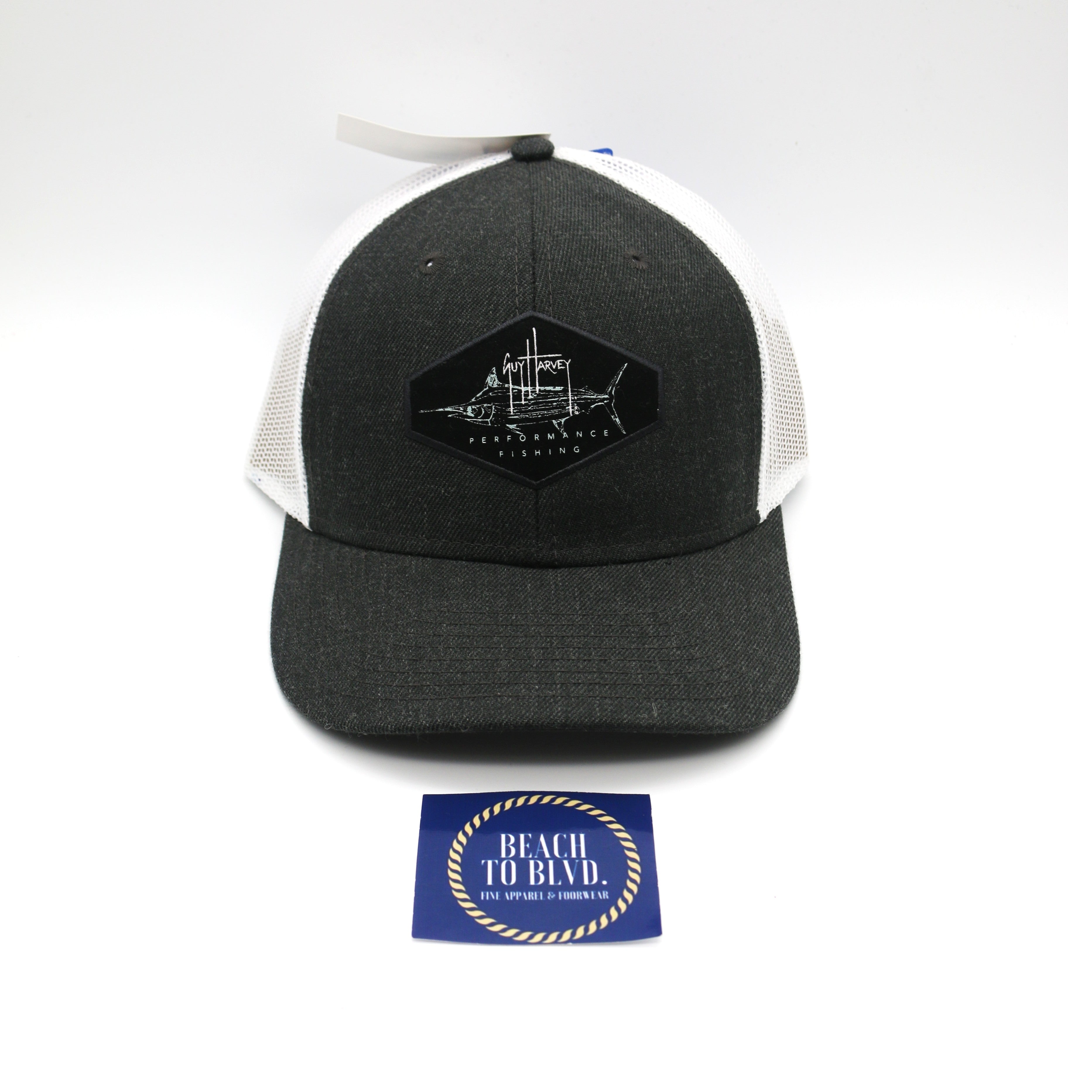 Guy Harvey Men's Chambray Trucker Hat - Charcoal\Marlin - BeachToBlvd