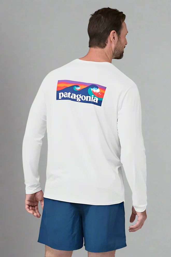 Patagonia Long Sleeve Cap Cool Daily Graphic Shirt - Waters Boardshort Logo: White - BeachToBlvd