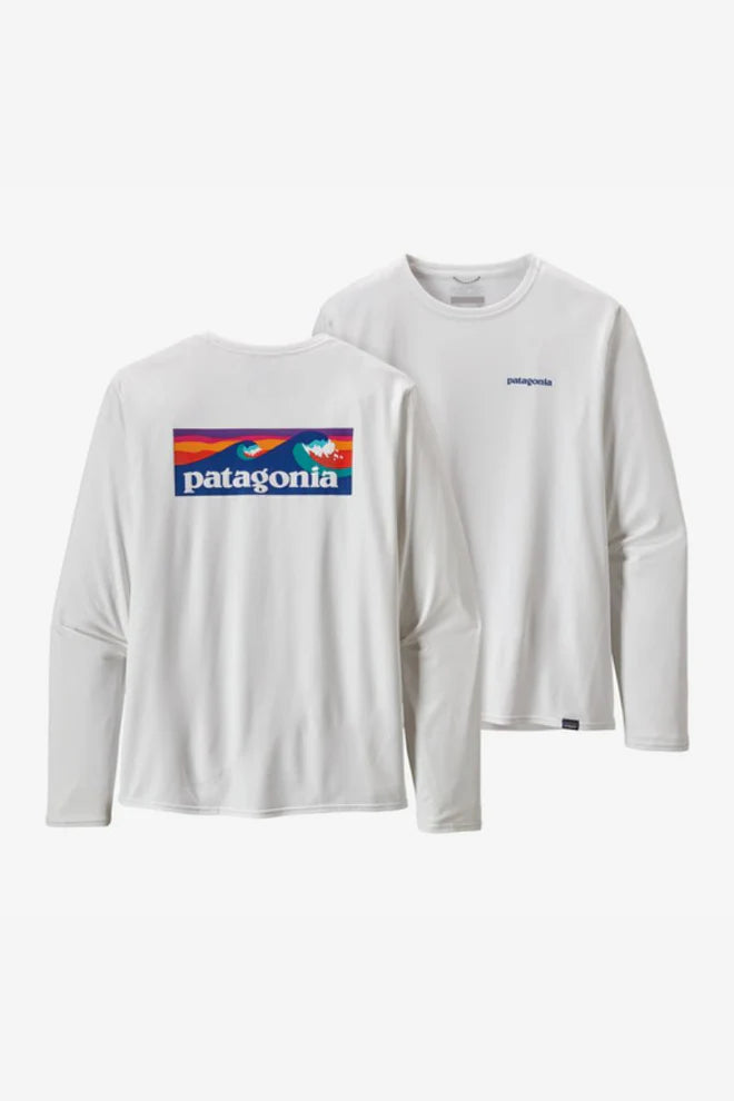 Patagonia Long Sleeve Cap Cool Daily Graphic Shirt - Waters Boardshort Logo: White - BeachToBlvd