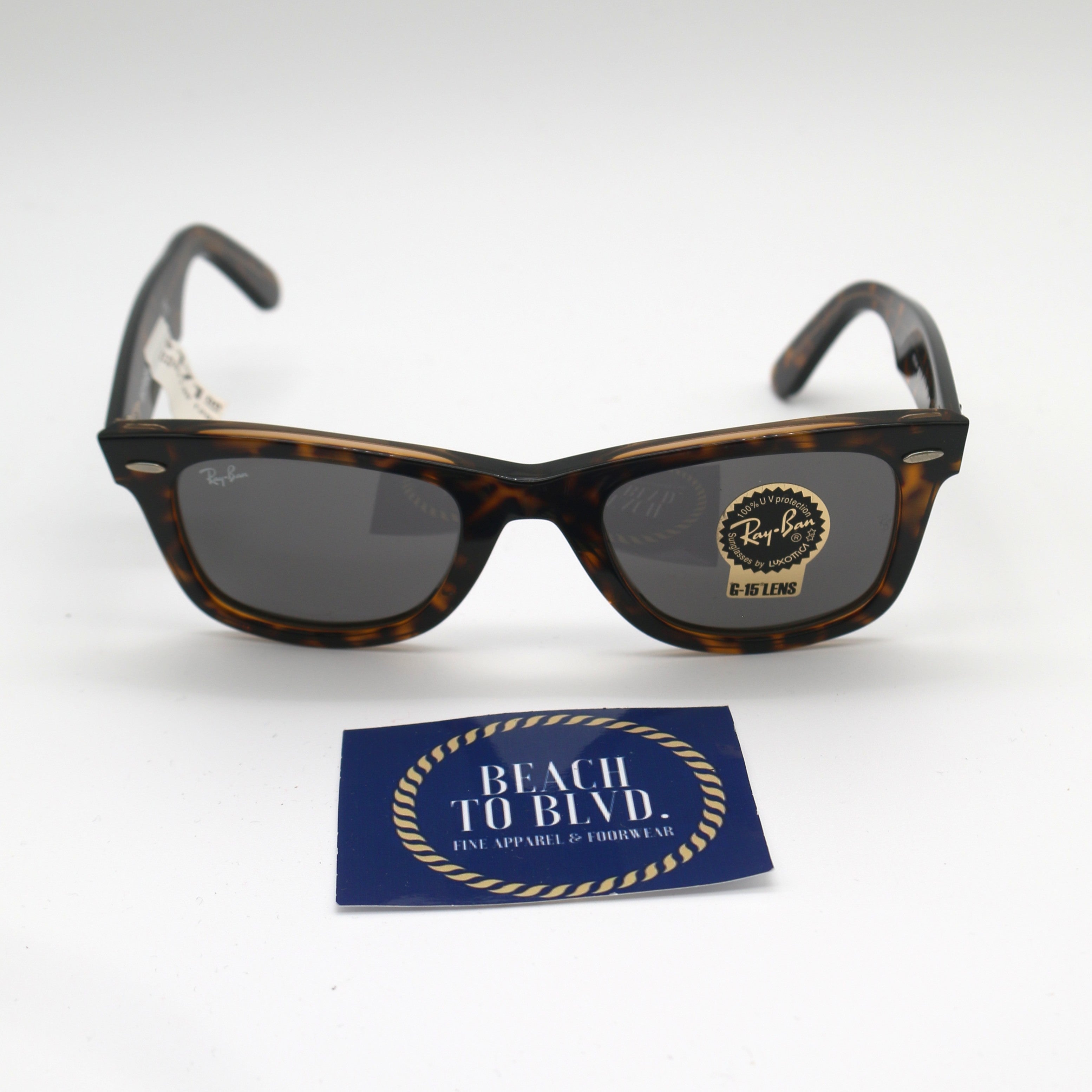 Ray-Ban 0RB2140 Original Wayfarer Bicolor Sunglasses- Tortoise Polished Havana / G-15 Dark Grey Lens
