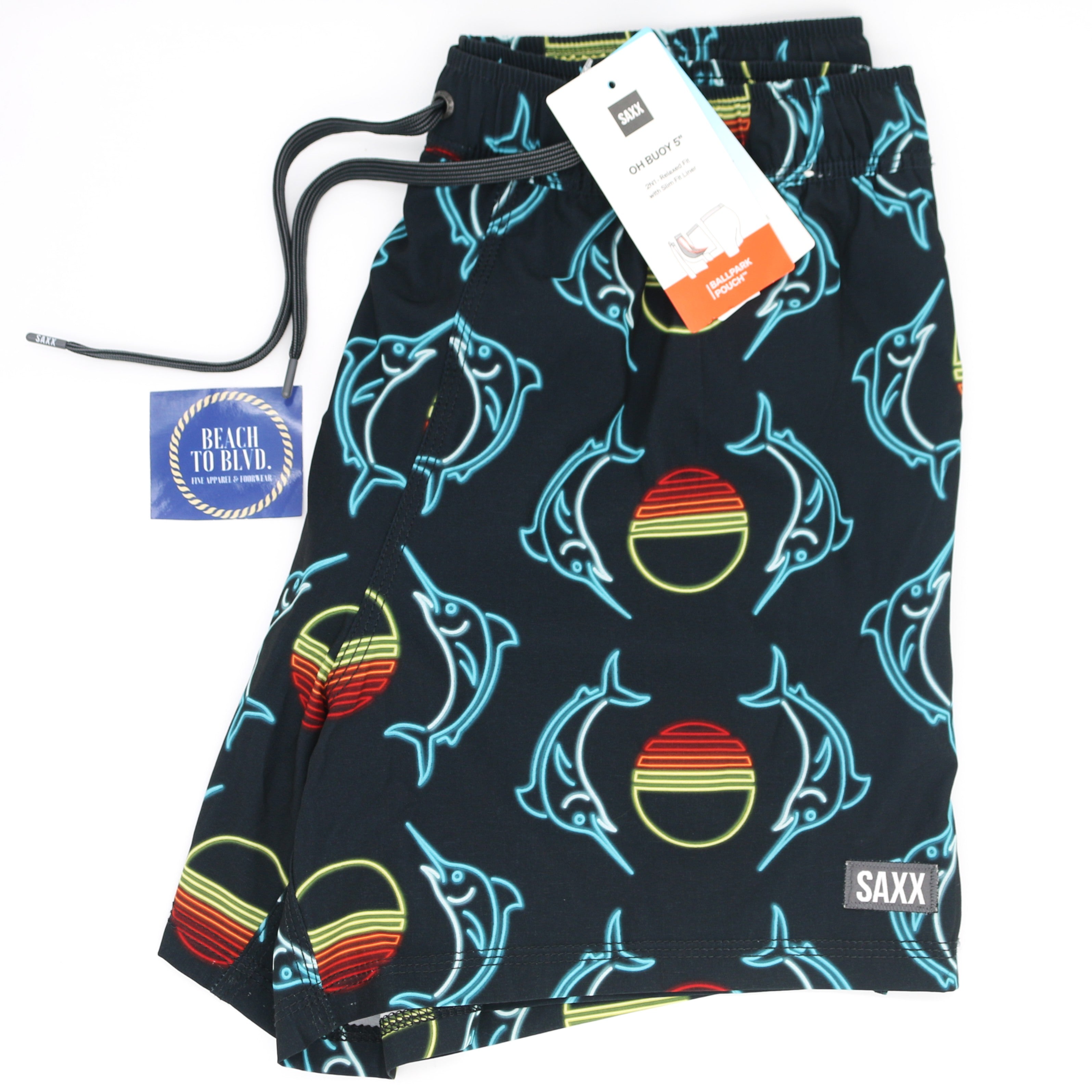 SAXX Oh Buoy 2n1 Volley 5inch Short Men's Black Neon Swordfish Drawstring Swimwear
