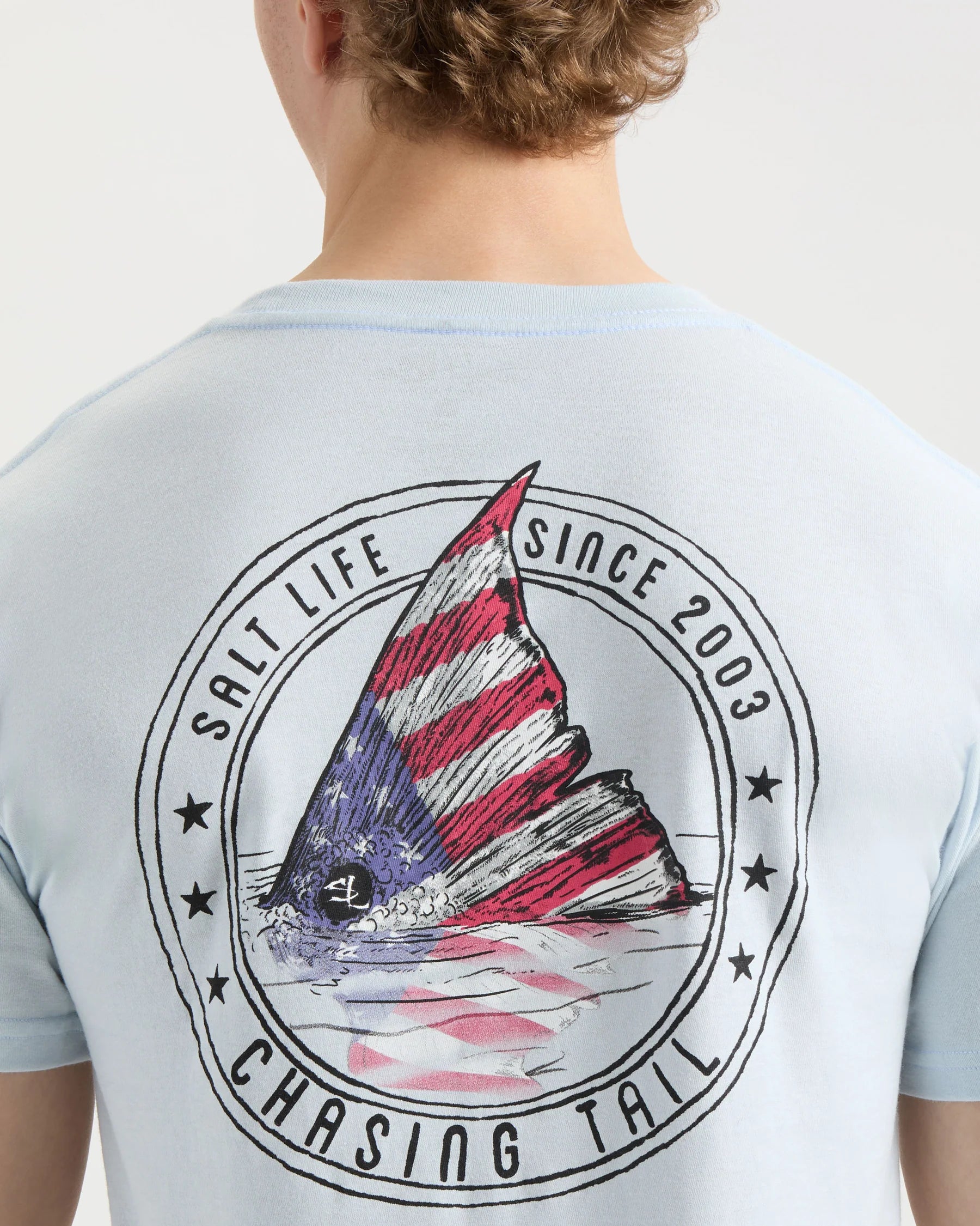SALT LIFE Men's Redfish Stars and Stripe Short Sleeve Tee- SKY BLUE - BeachToBlvd