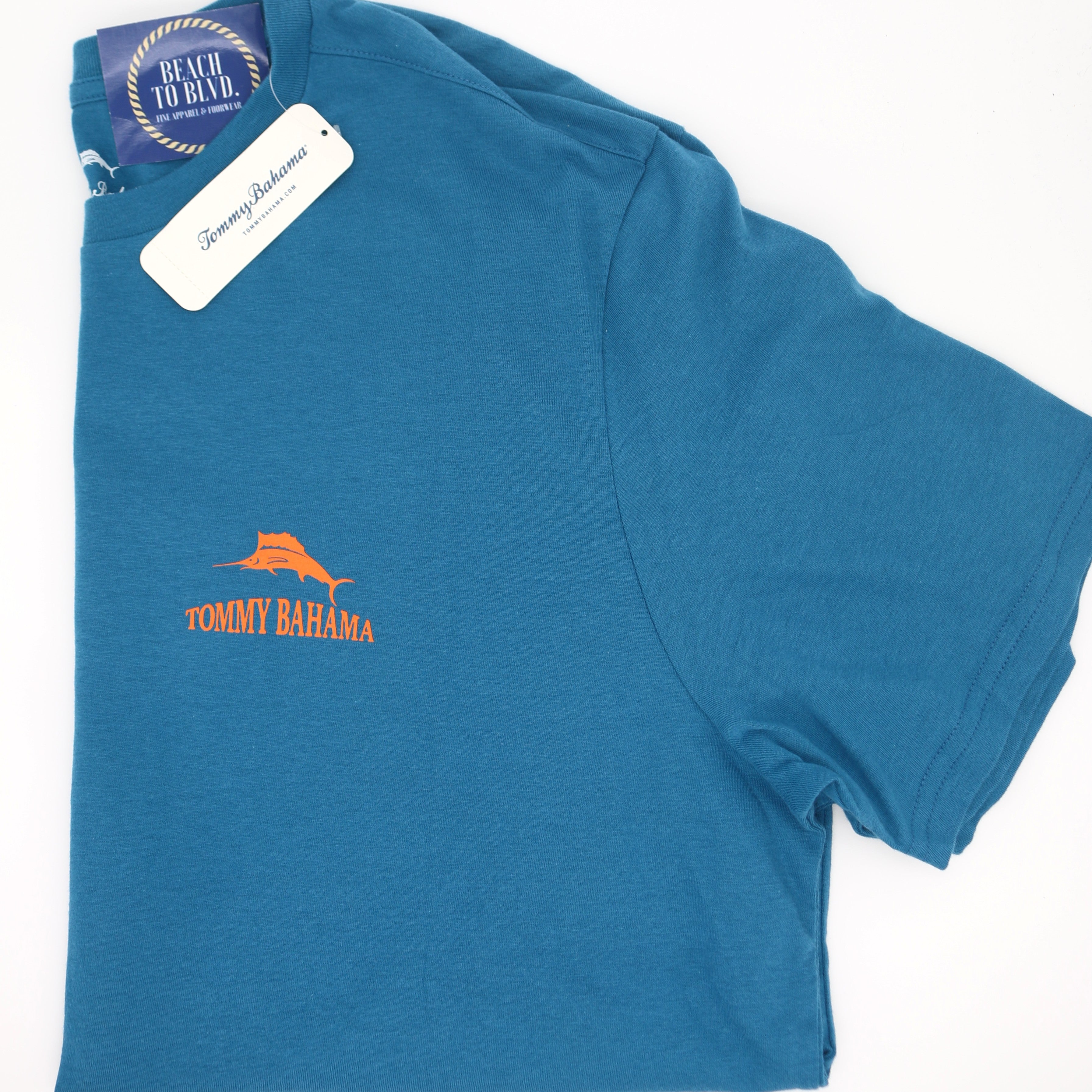 Tommy Bahama Touchdown T-Shirt - Blue Allure with Parrots and Tiki Torches - BeachToBlvd