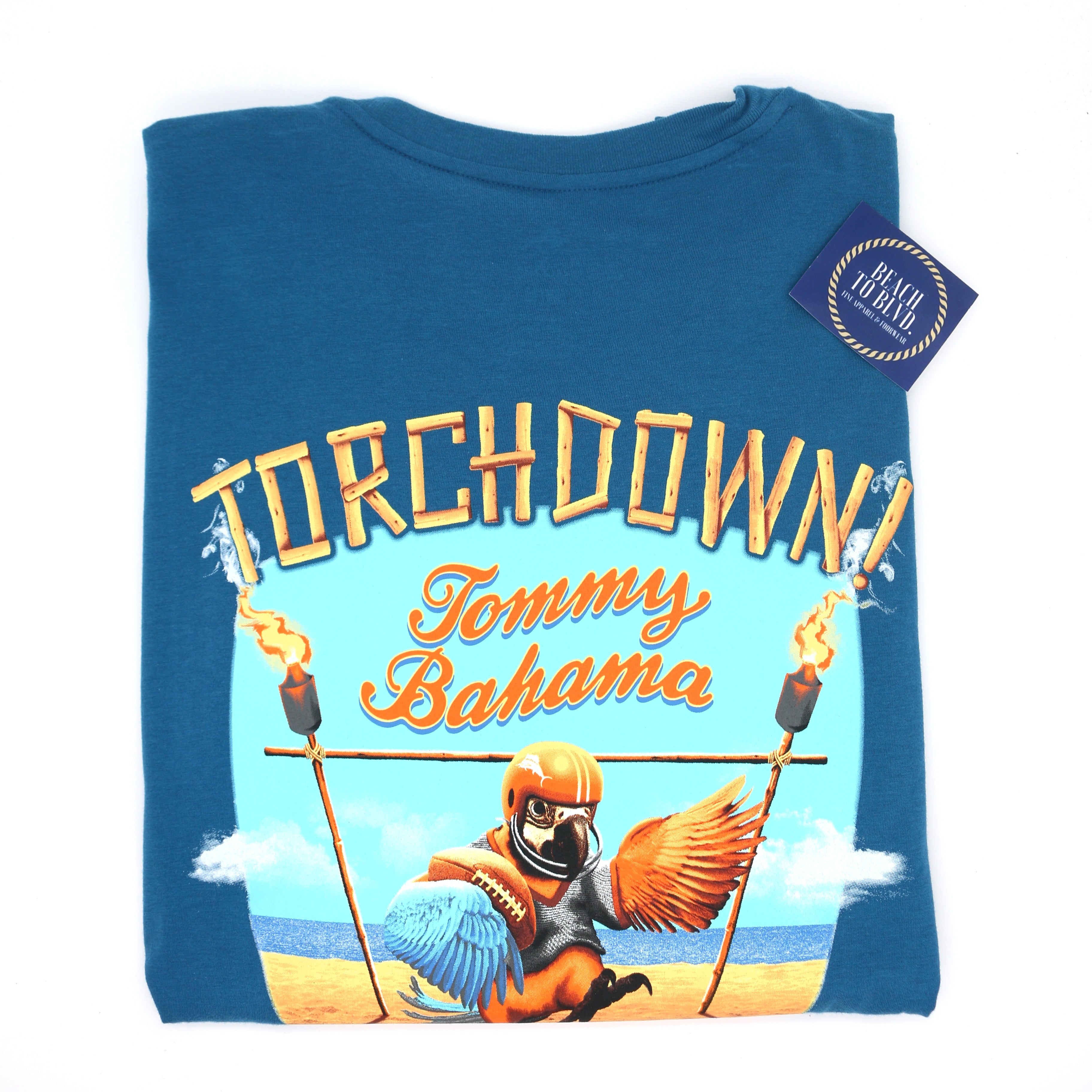 Tommy Bahama Touchdown T-Shirt - Blue Allure with Parrots and Tiki Torches - BeachToBlvd