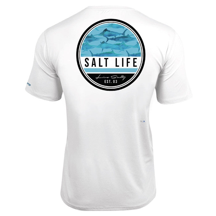 SALT LIFE Salt Life Marlin Retreat Short Sleeve Performance Pocket Tee- LIGHT ARUBA HEATHER - BeachToBlvd