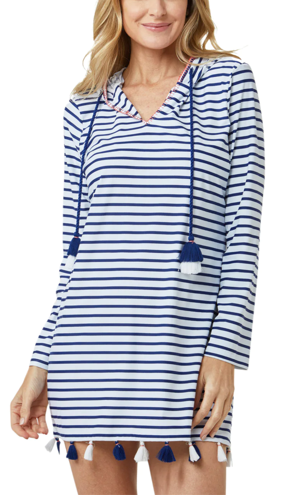 Cabana Life Essential Long Sleeve - Navy Stripe Hooded Cover Up