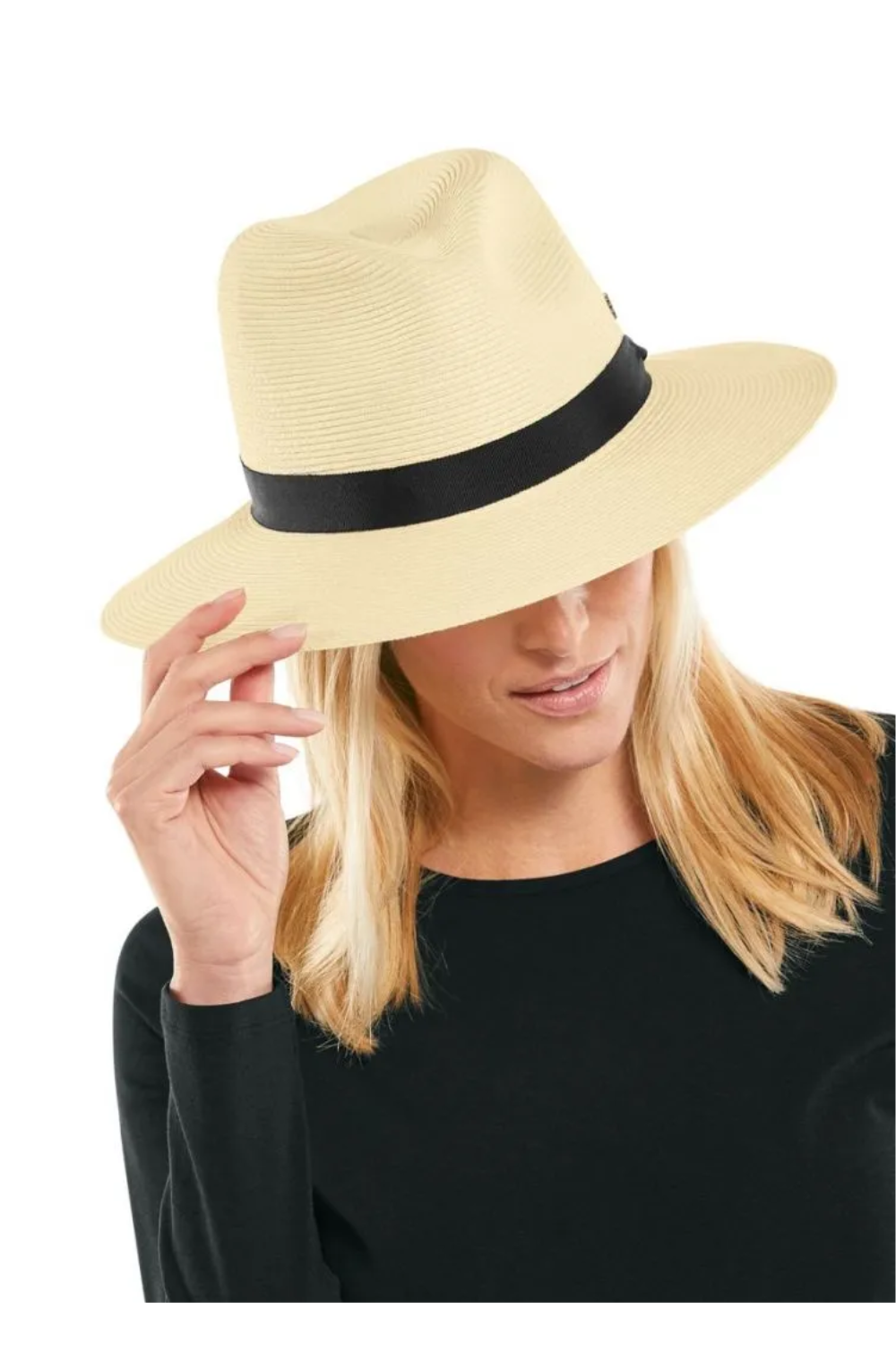 Coolibar Peyton Lightweight Fedora Hat Ivory with Black Band - Sun Protection